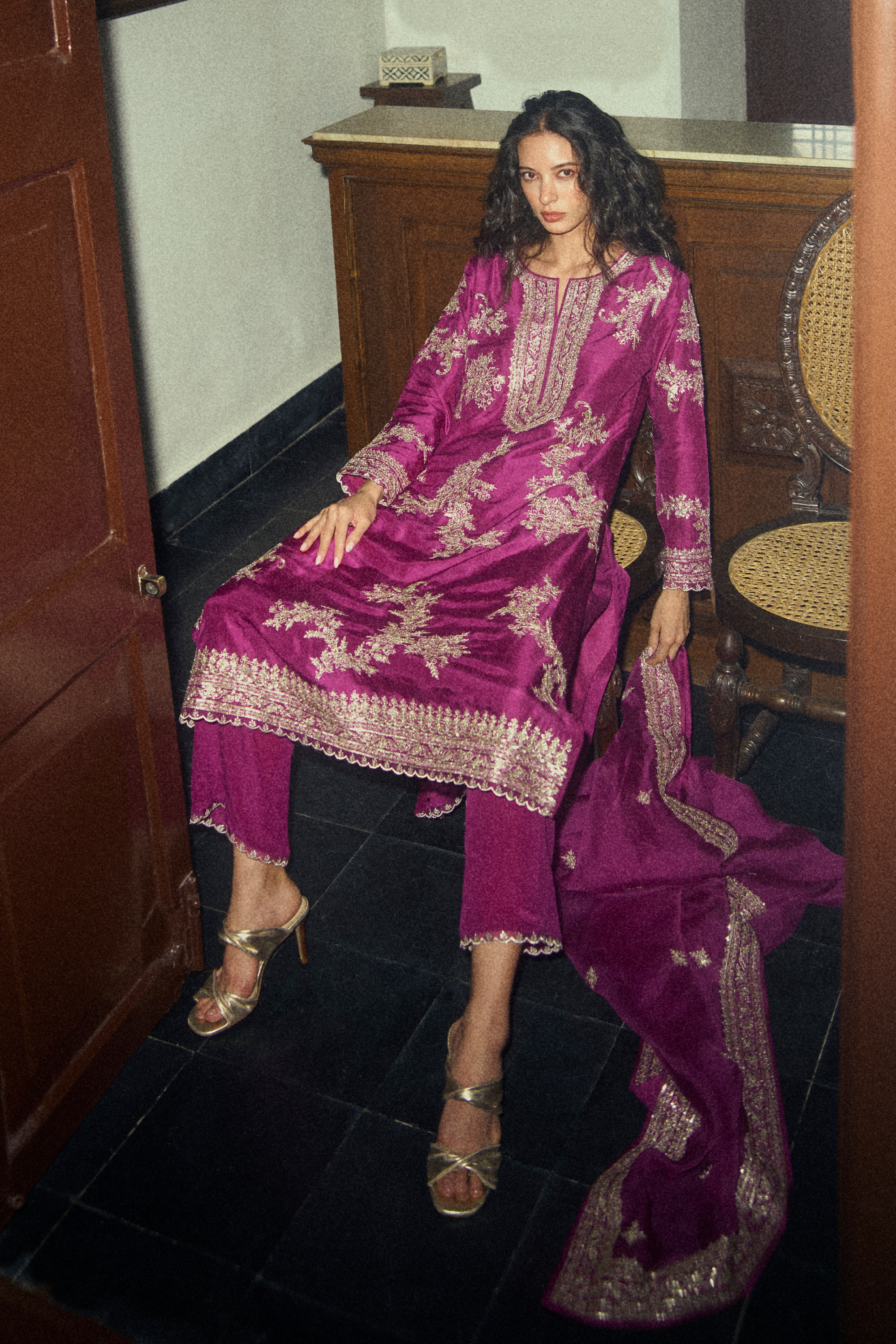 Zari Arri Work A Line Kurta Set