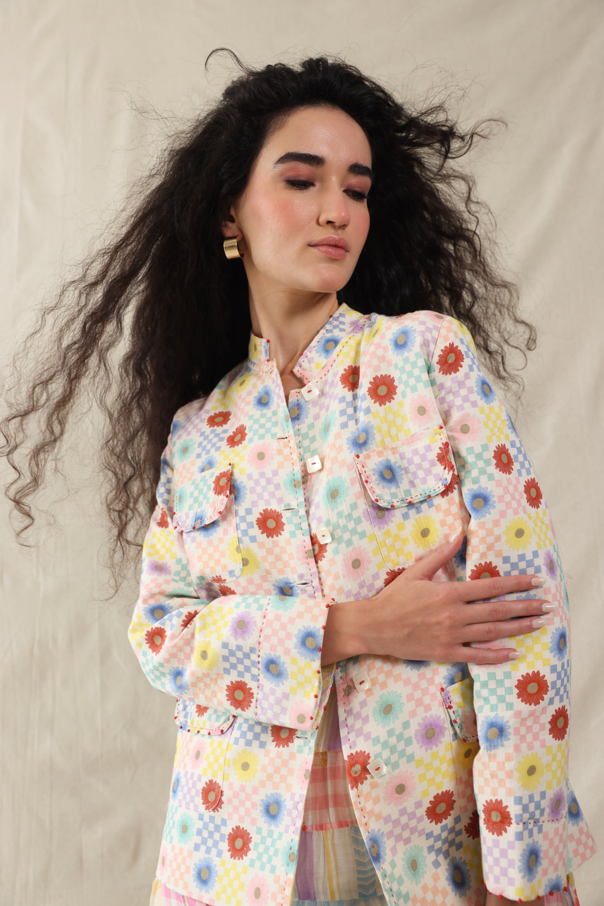 Multi Color Silk, Cotton Hand Painted Floral Handwoven Jacket