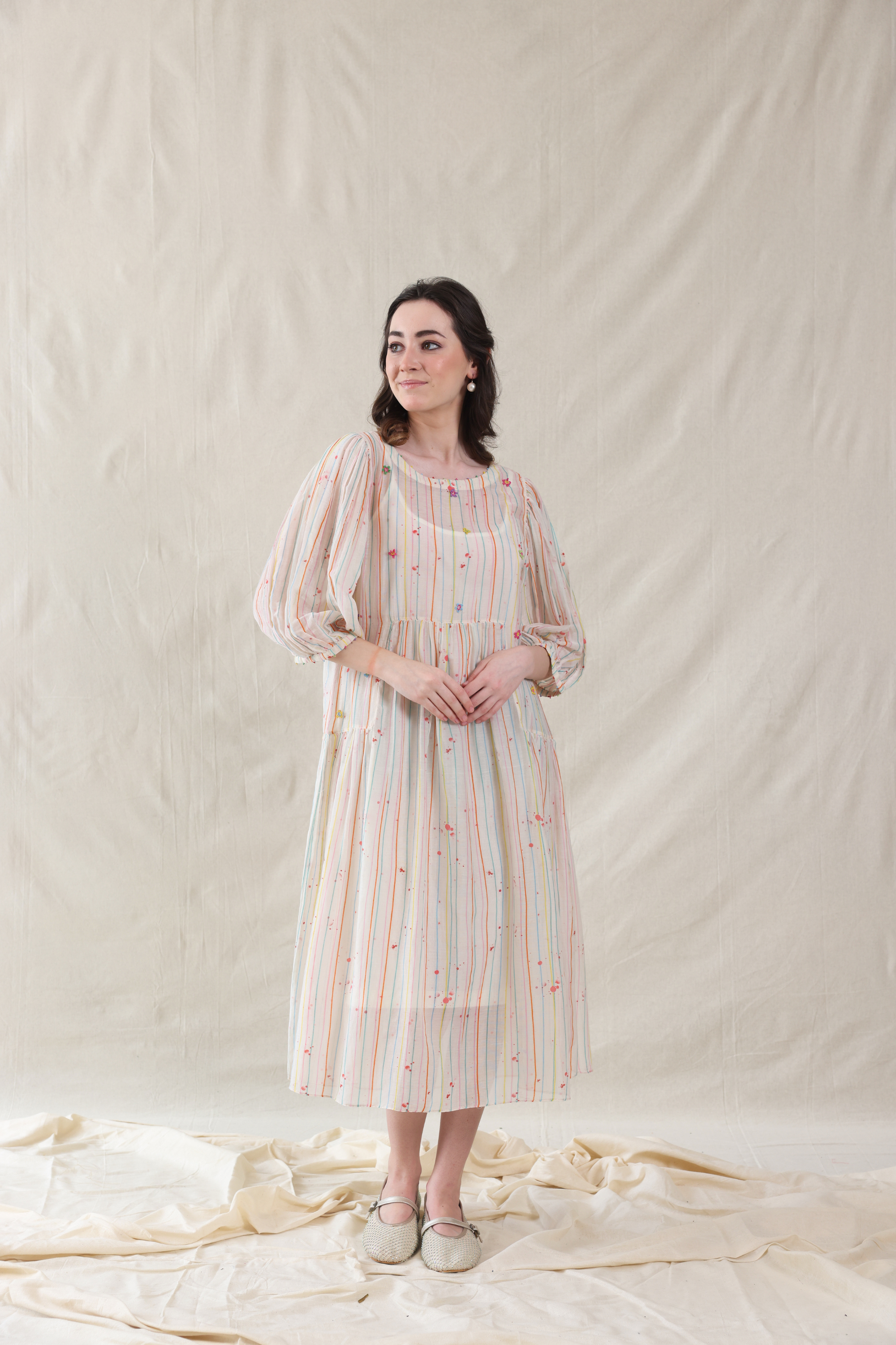 Off White Silk, Cotton Round Neck Hand Painted Striped Dress And Slip Set