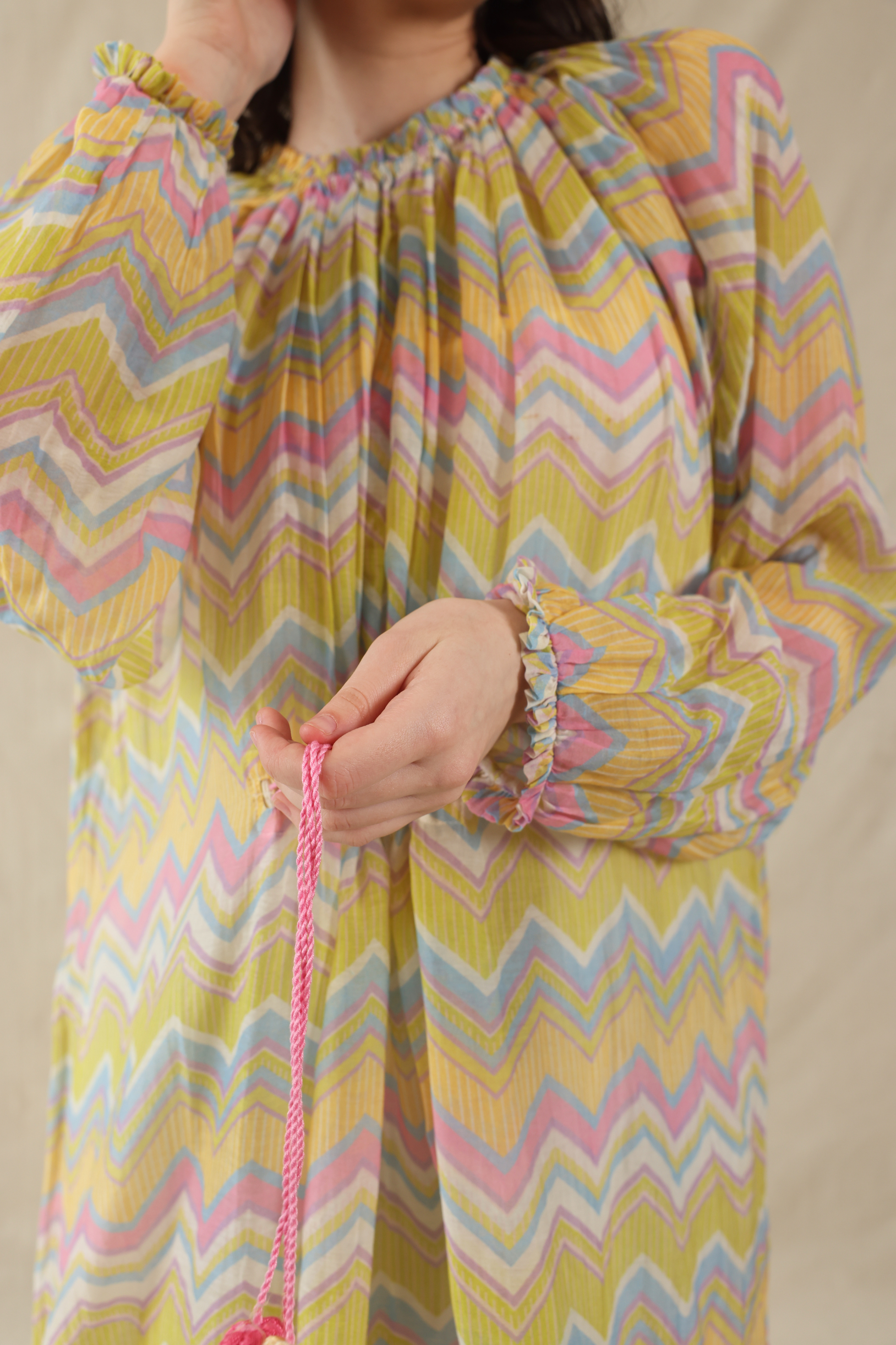 Multi Color Silk, Cotton High Neck Handwoven Dress And Slip Set