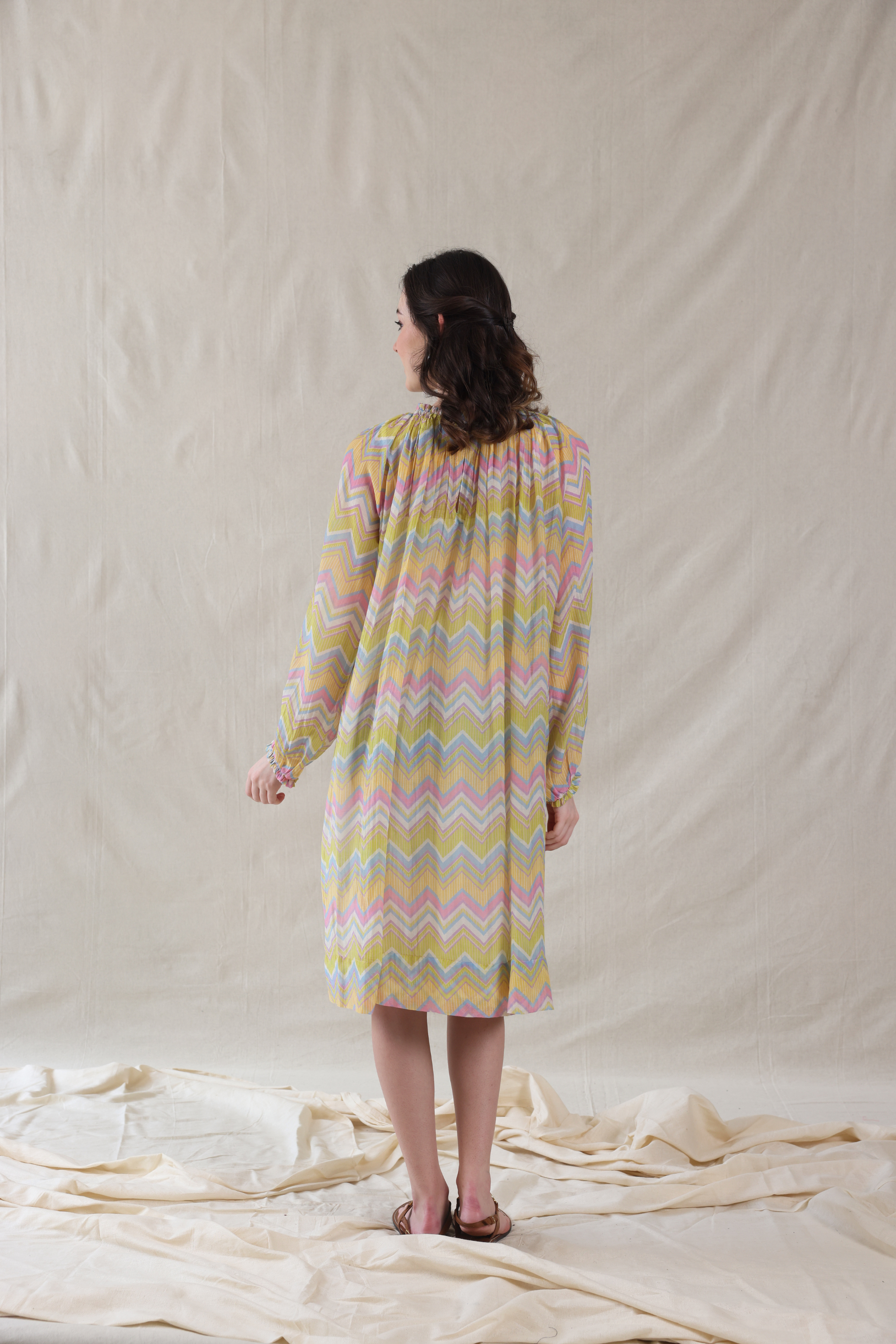 Multi Color Silk, Cotton High Neck Handwoven Dress And Slip Set