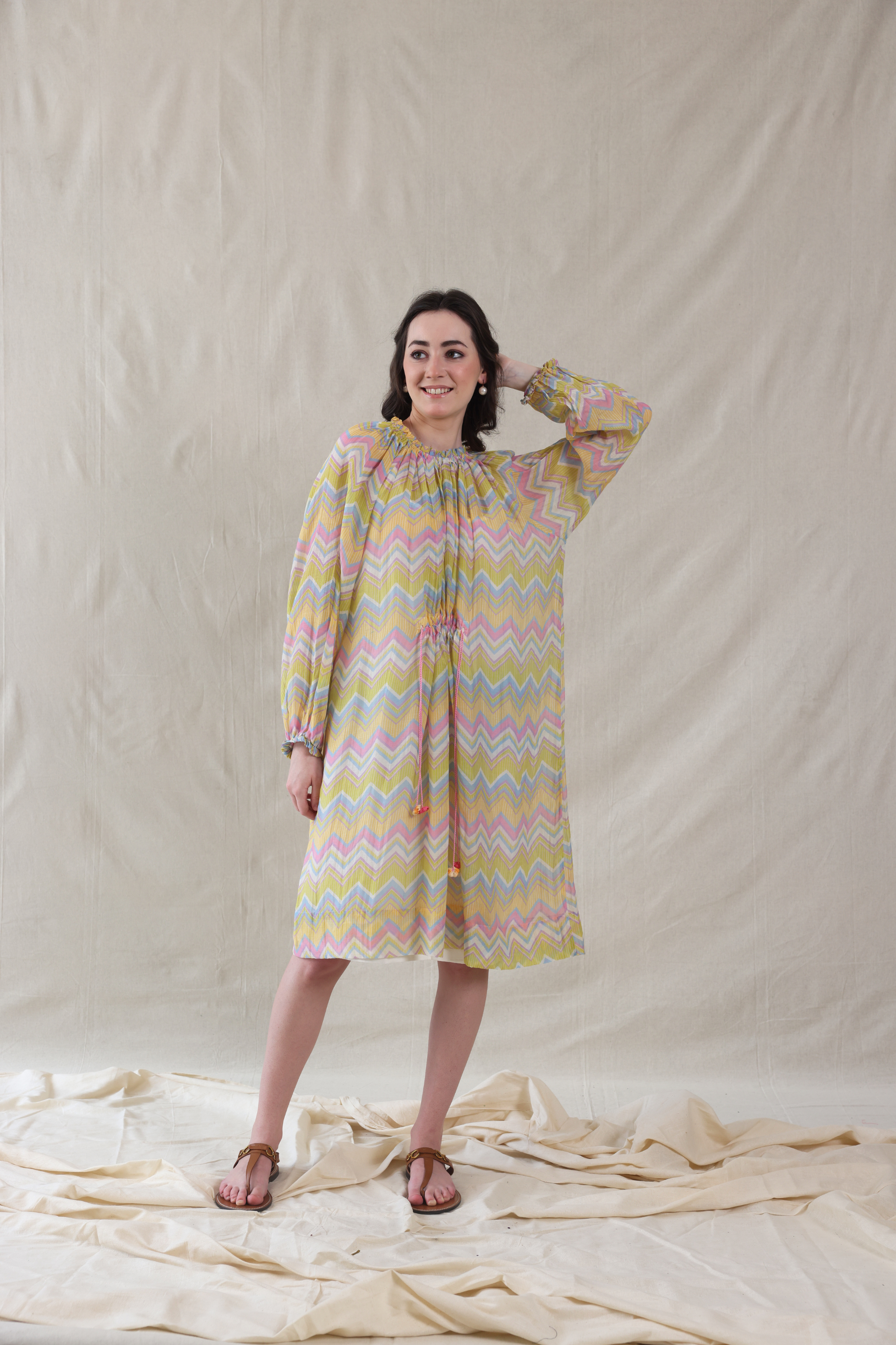 Multi Color Silk, Cotton High Neck Handwoven Dress And Slip Set