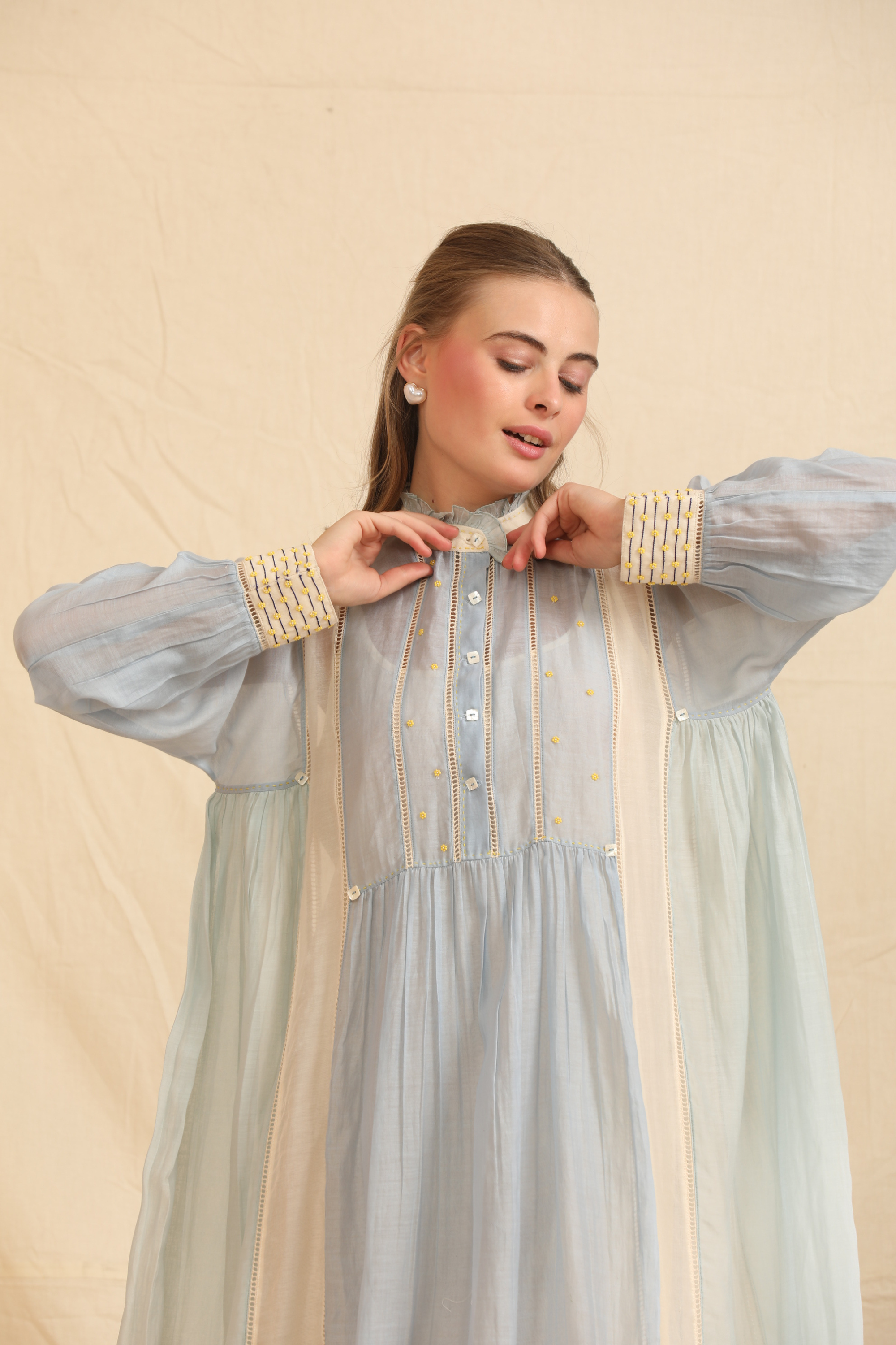 Blue Silk, Cotton High Neck Handwoven Dress And Slip Set