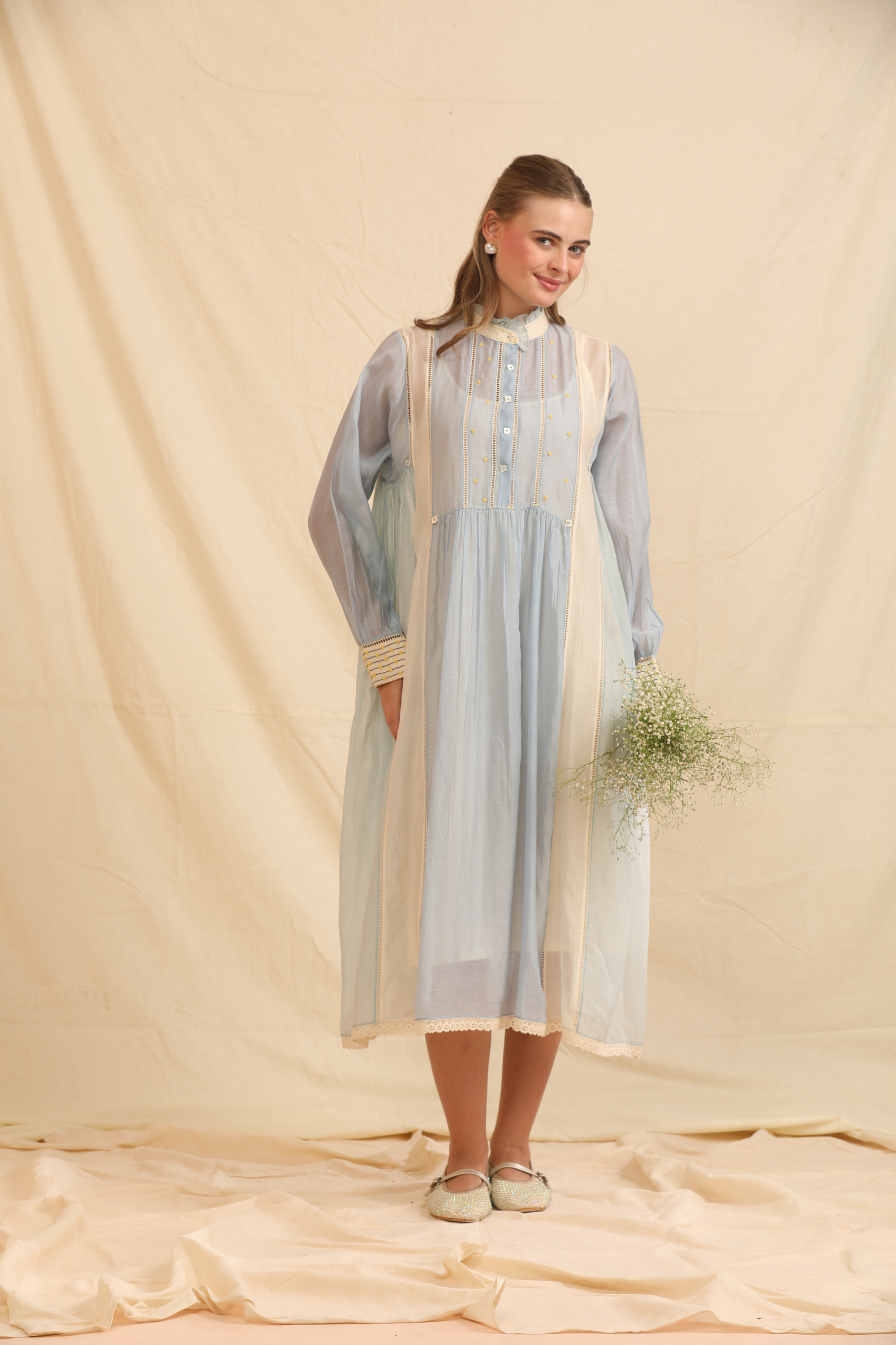 Blue Silk, Cotton High Neck Handwoven Dress And Slip Set