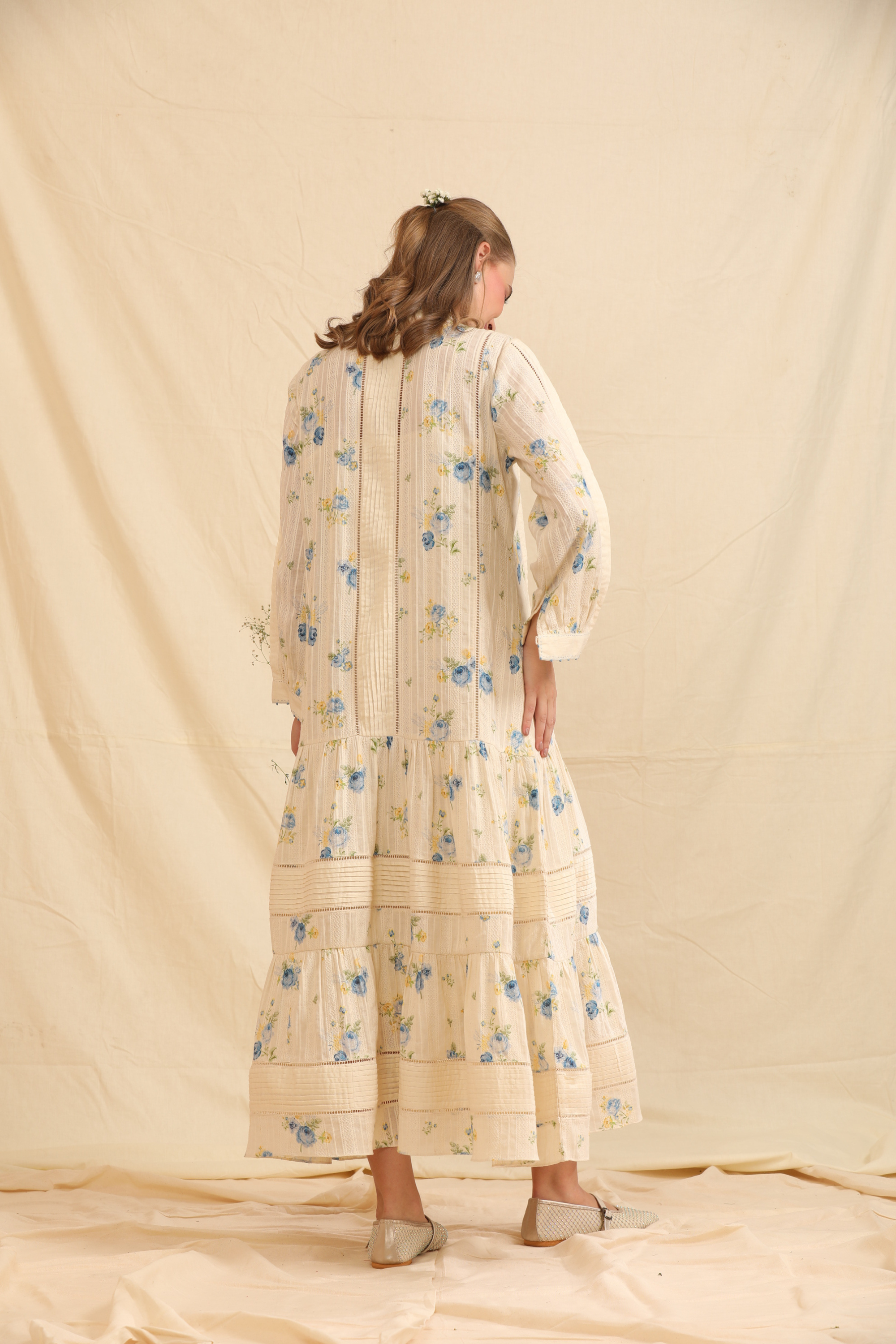 Blue Silk, Cotton Mandarin Collar Hand Painted Handwoven Dress