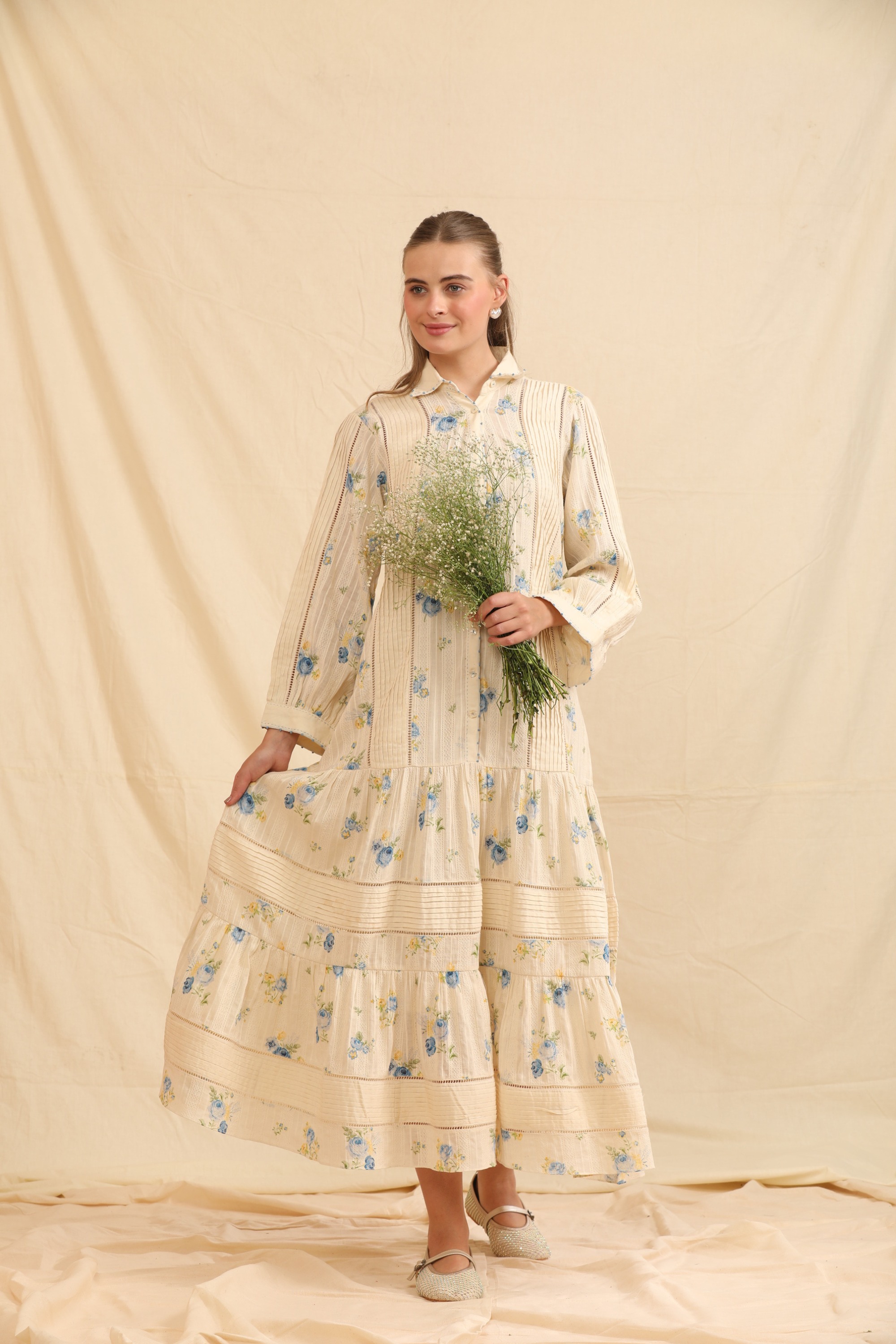 Blue Silk, Cotton Mandarin Collar Hand Painted Handwoven Dress