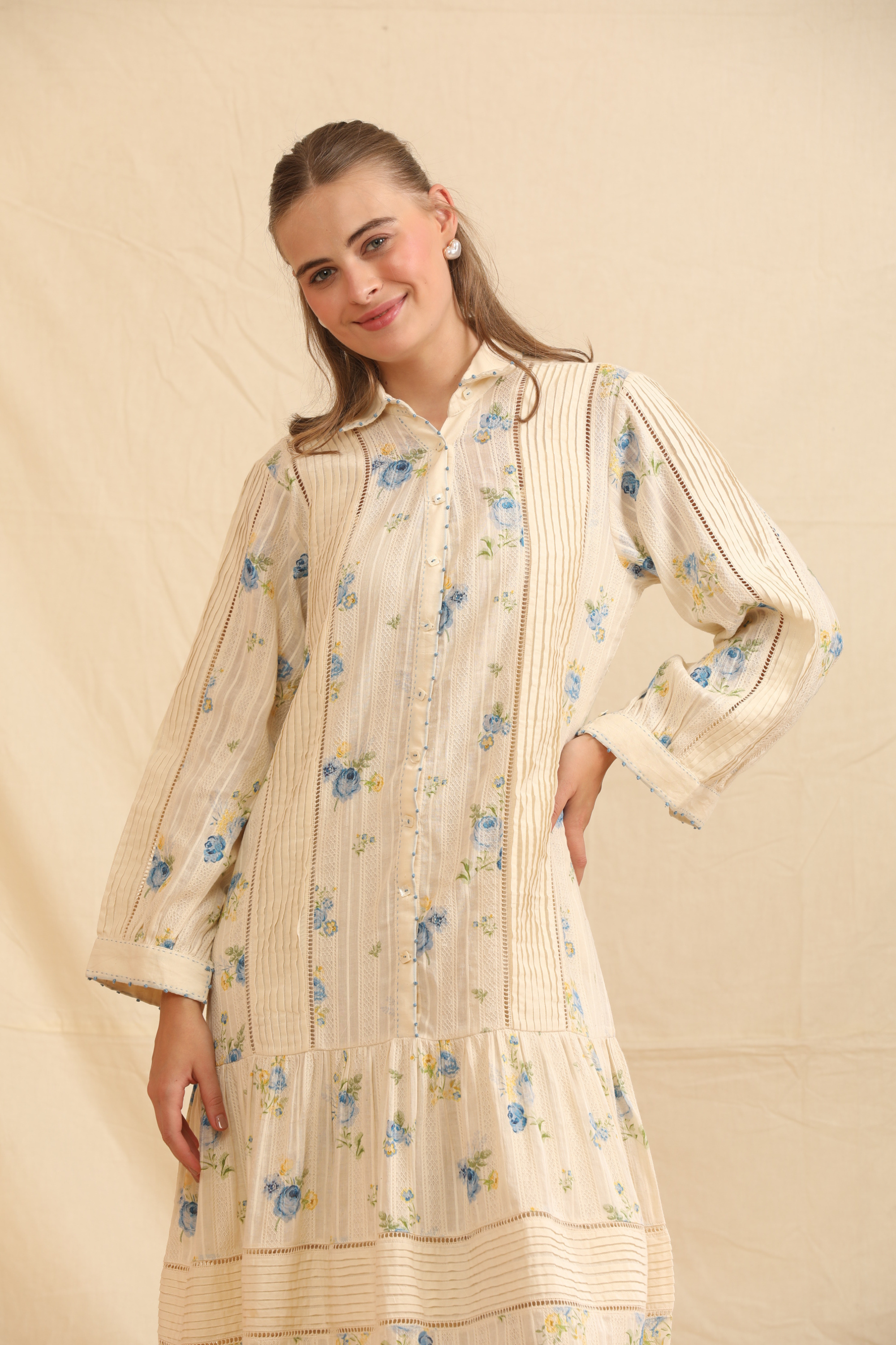 Blue Silk, Cotton Mandarin Collar Hand Painted Handwoven Dress