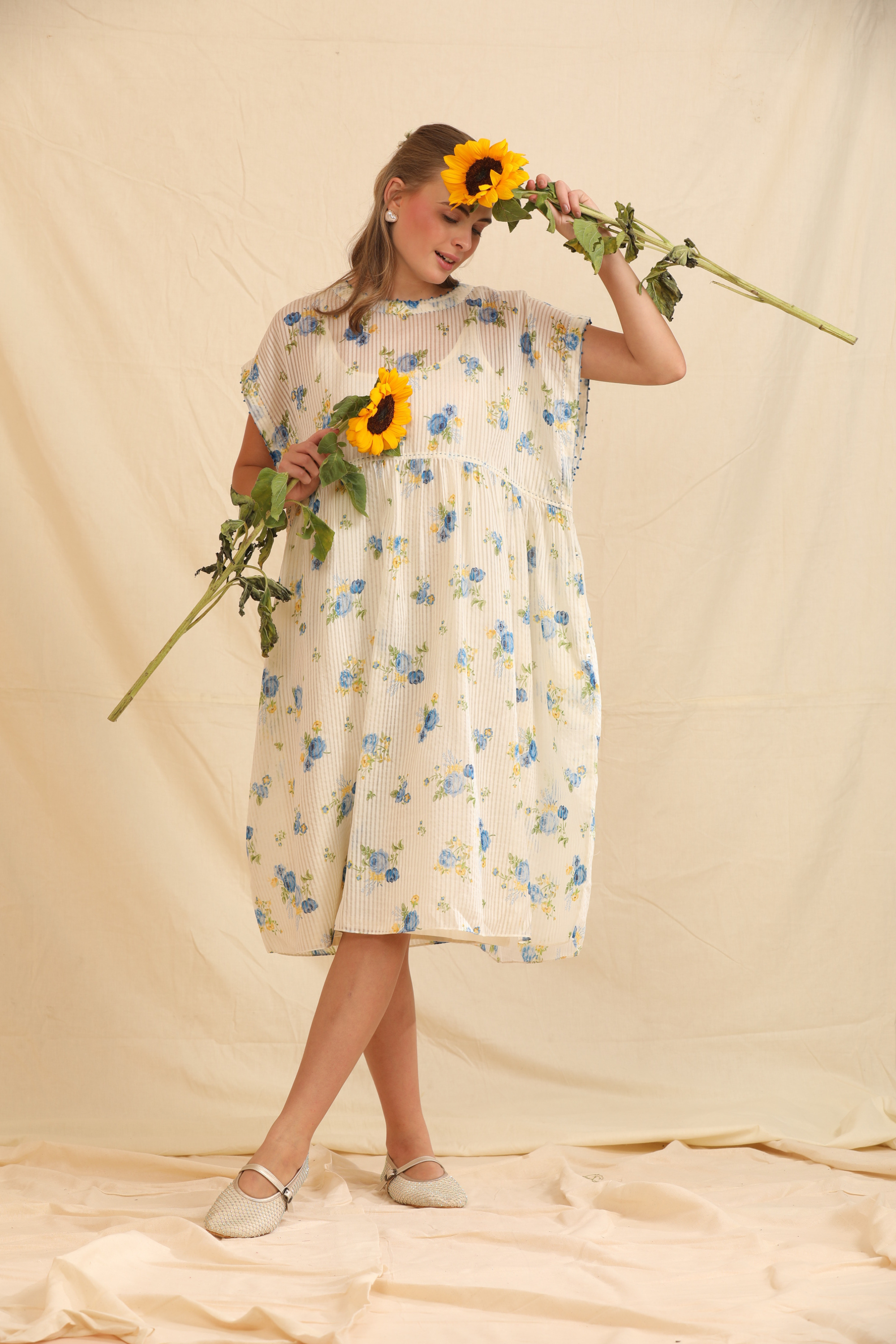 Blue Silk, Cotton Round Neck Handwoven Dress And Slip Set