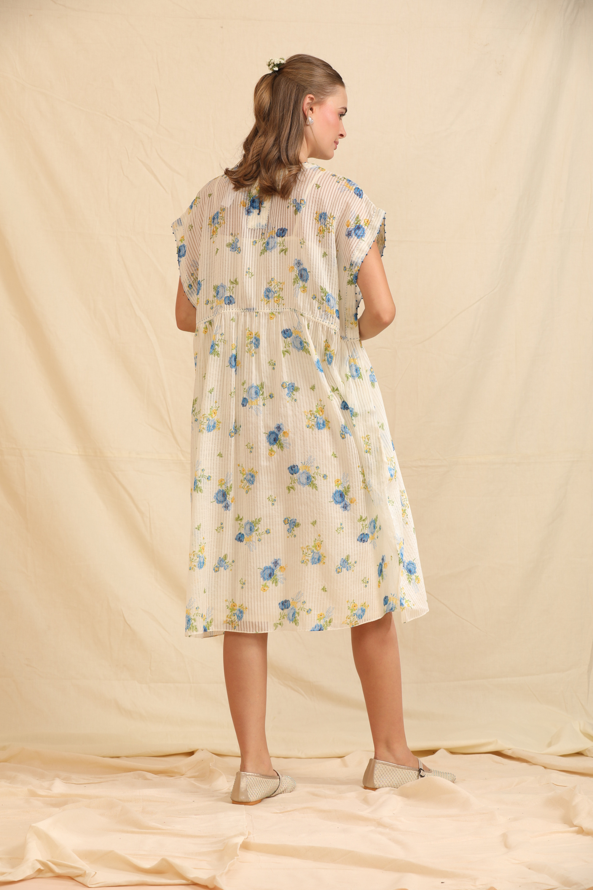 Blue Silk, Cotton Round Neck Handwoven Dress And Slip Set