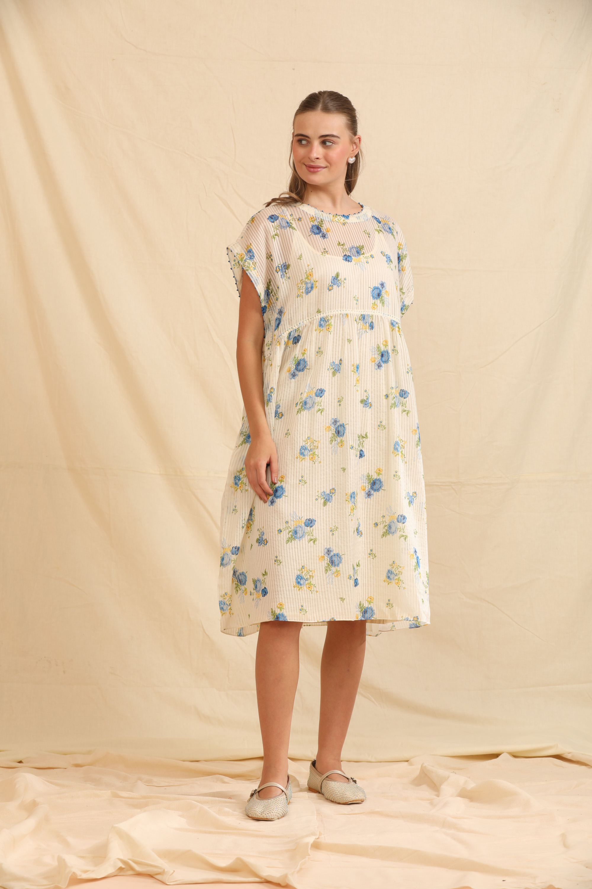 Blue Silk, Cotton Round Neck Handwoven Dress And Slip Set