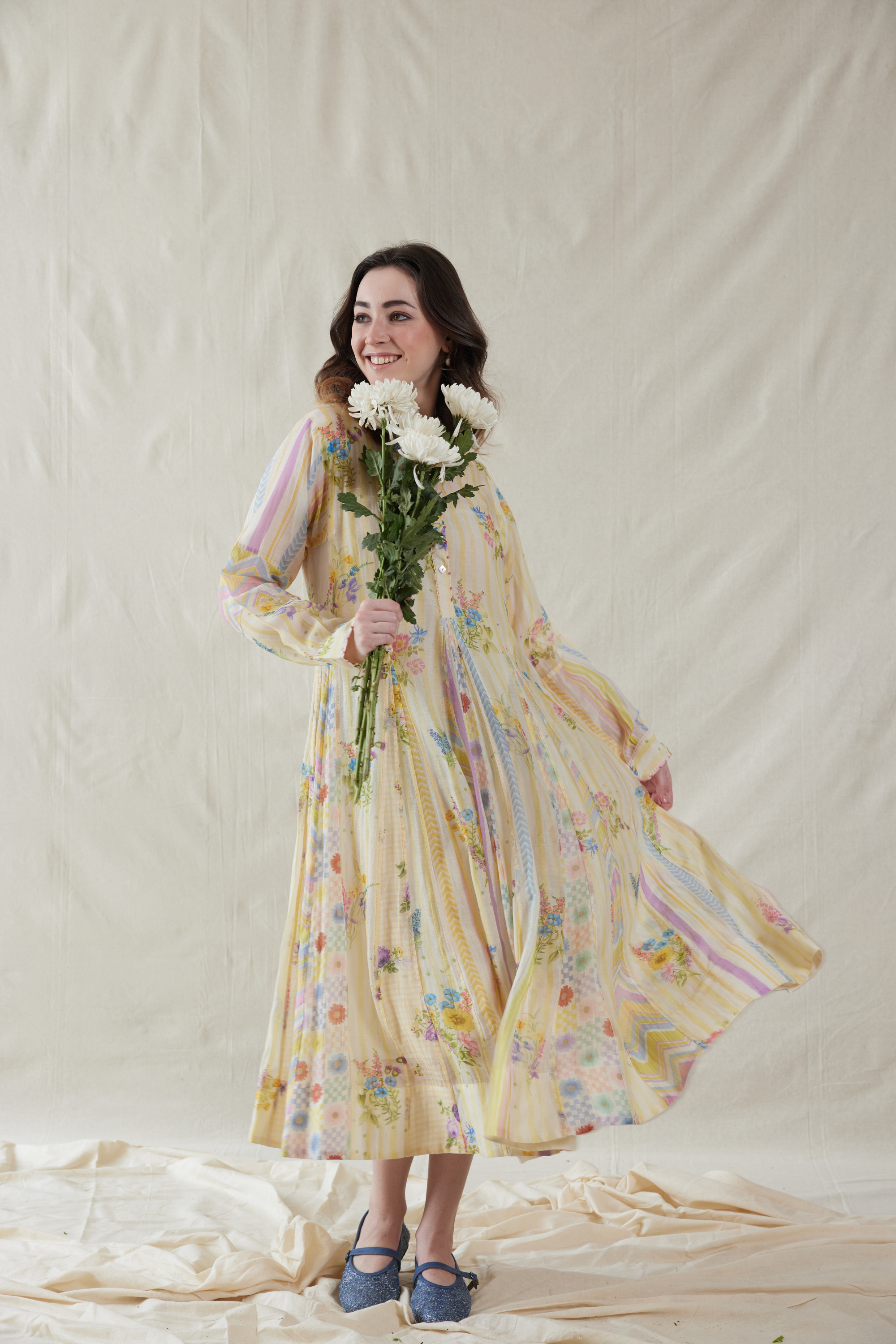 Off White Silk, Cotton Mandarin Collar Handwoven Dress And Slip Set