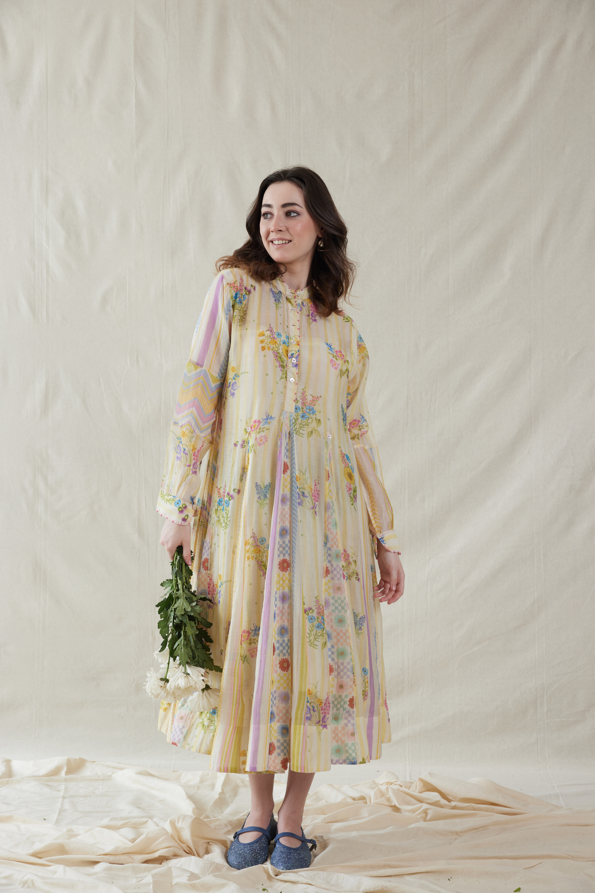 Off White Silk, Cotton Mandarin Collar Handwoven Dress And Slip Set