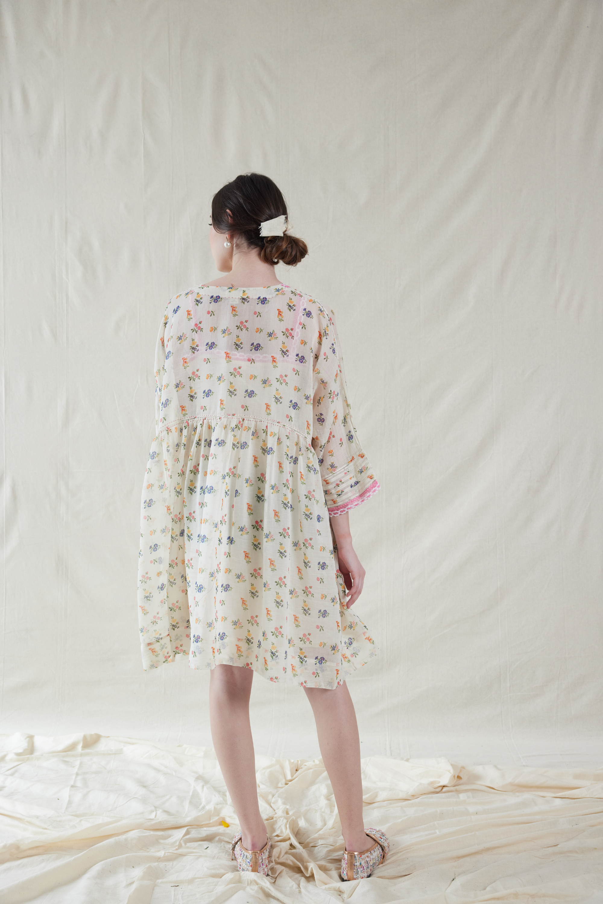 Pink Silk, Cotton V-neck Floral Handwoven Dress And Slip Set