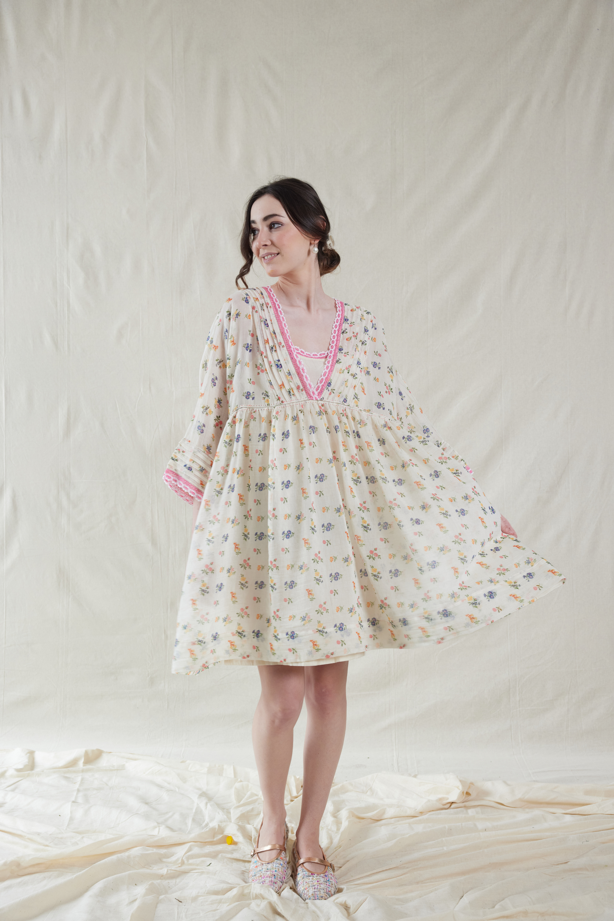 Pink Silk, Cotton V-neck Floral Handwoven Dress And Slip Set