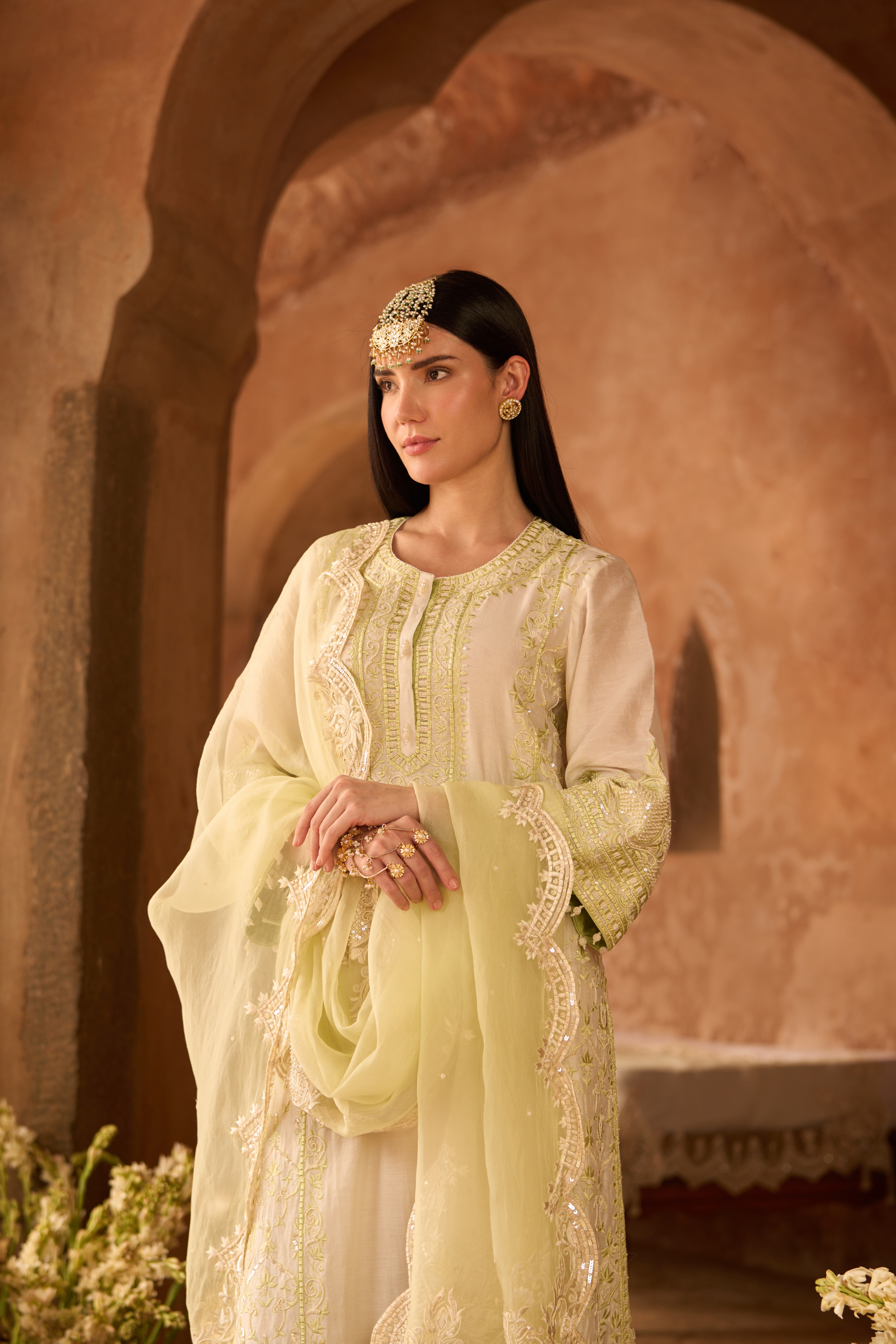 Ena - Ivory With Green Long A-line Kurta Set