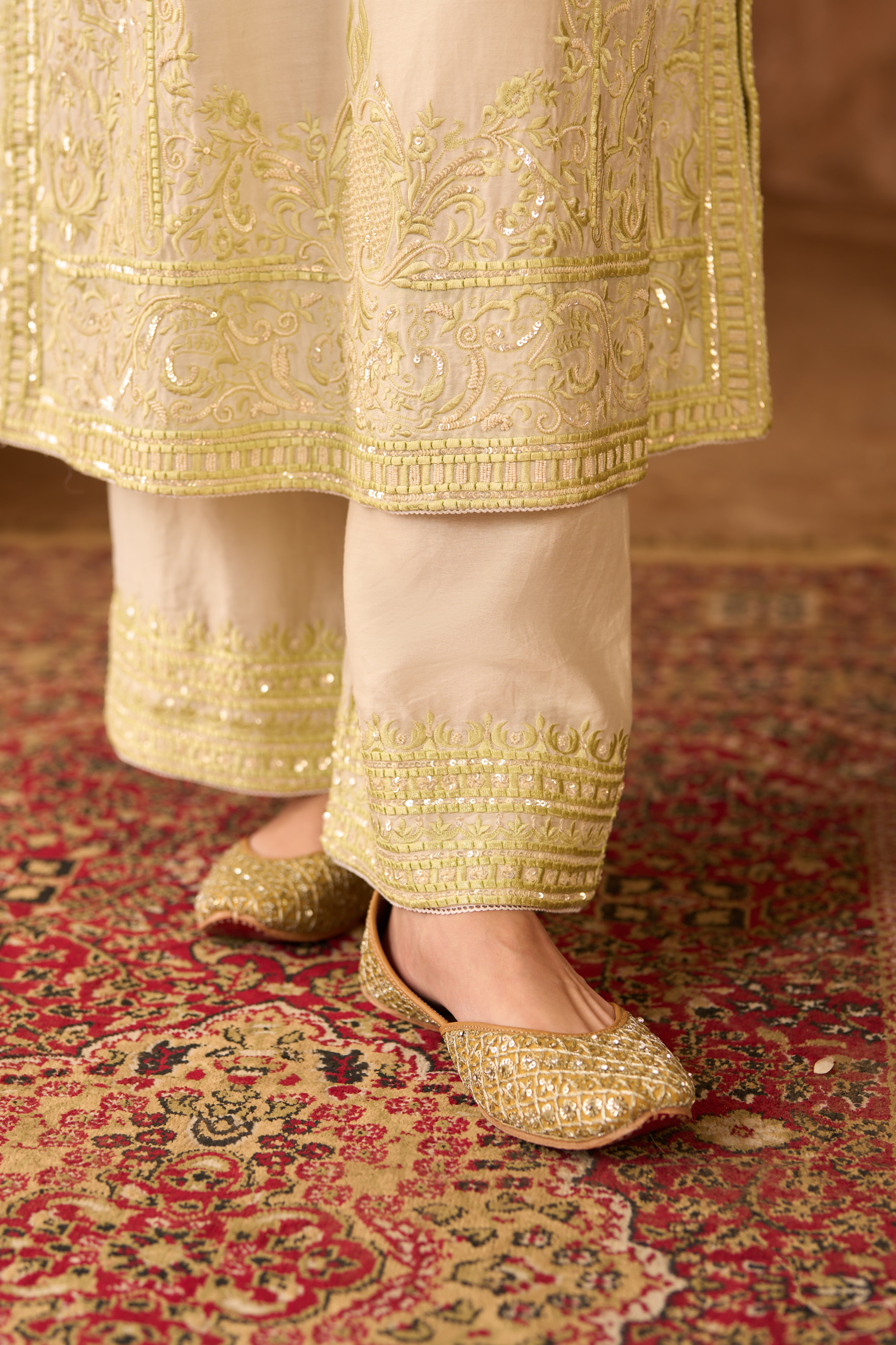 Ena - Ivory With Green Long A-line Kurta Set