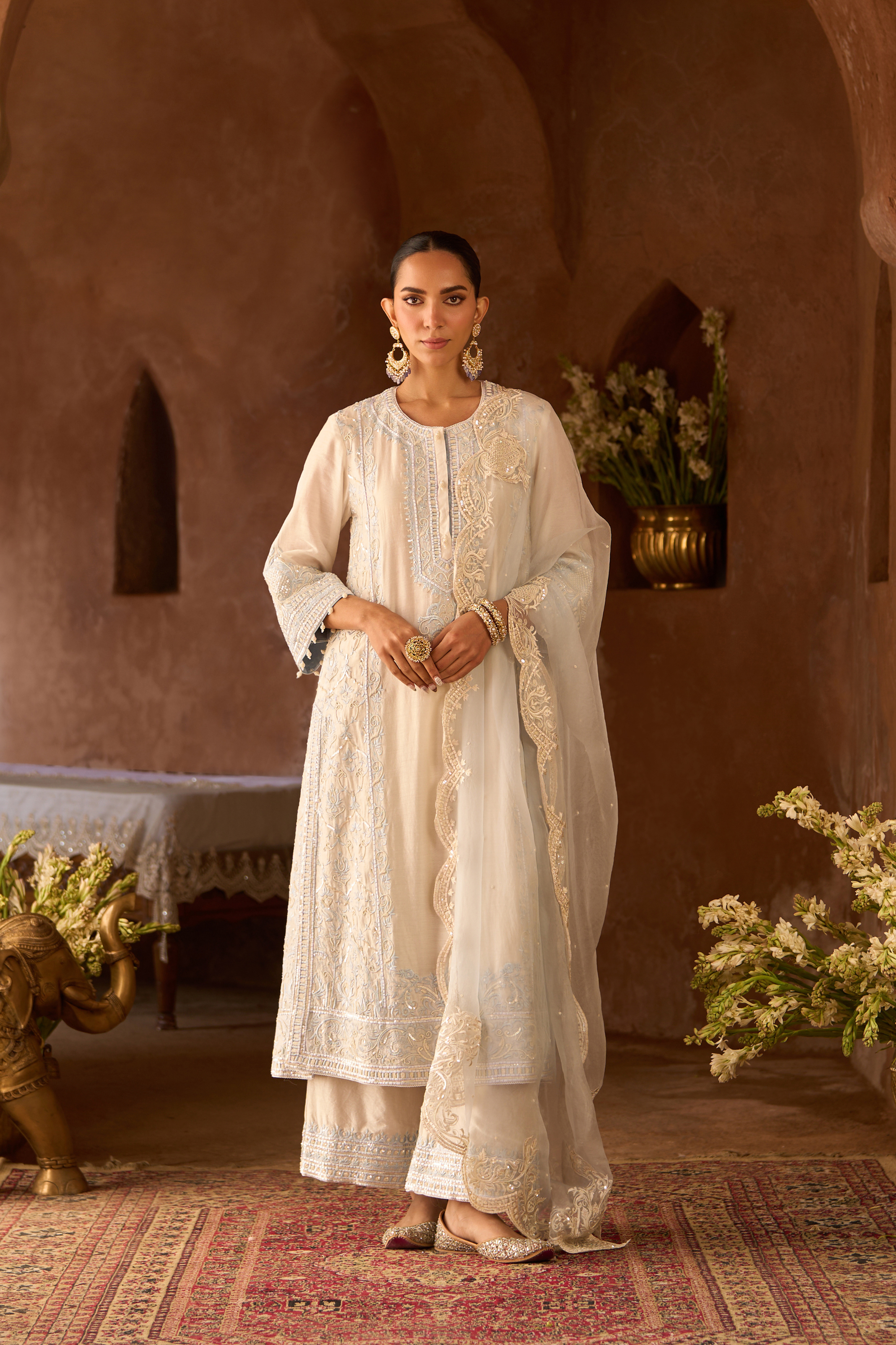 Ena - Ivory With Blue Long A-line Kurta Set