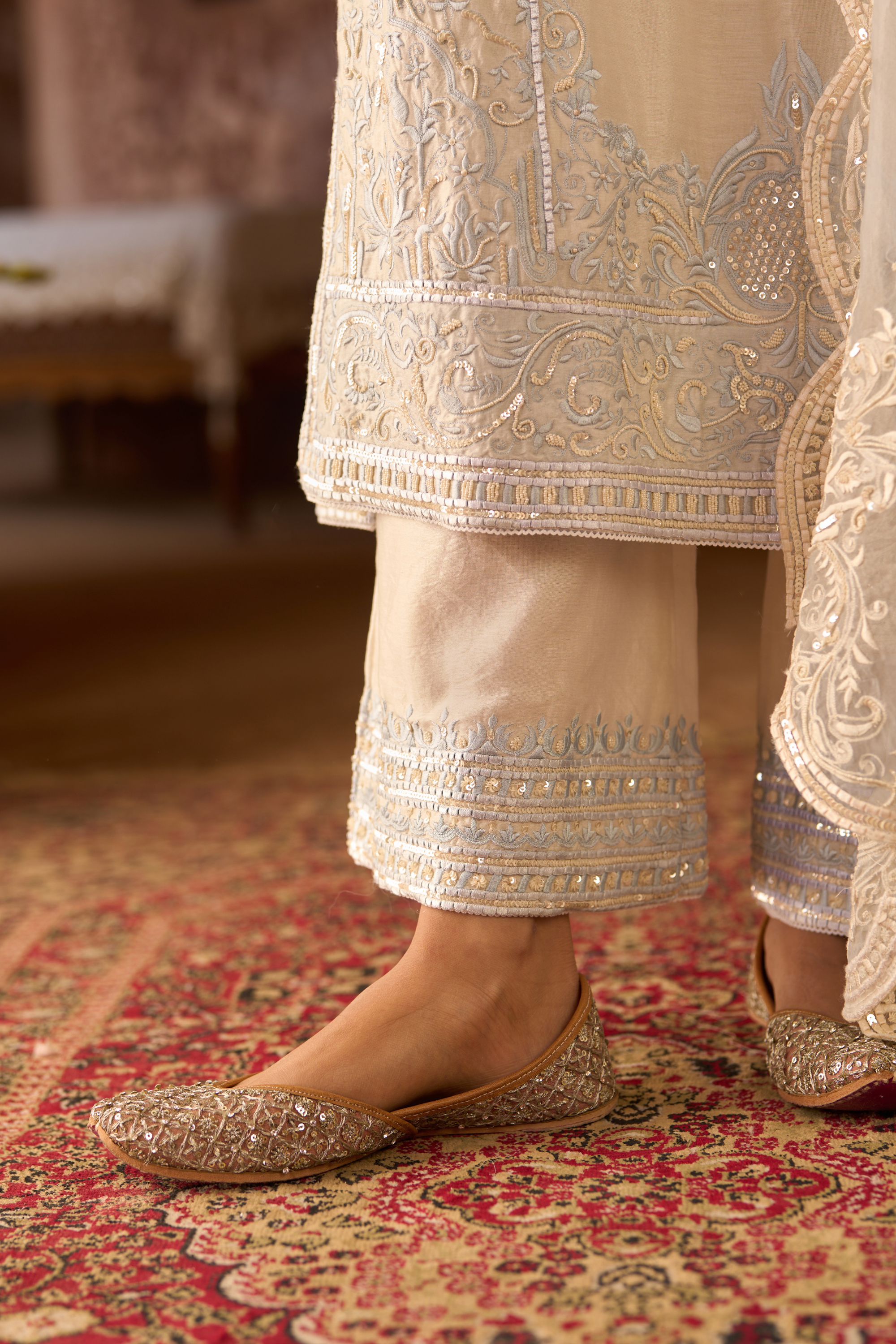 Ena - Ivory With Blue Long A-line Kurta Set