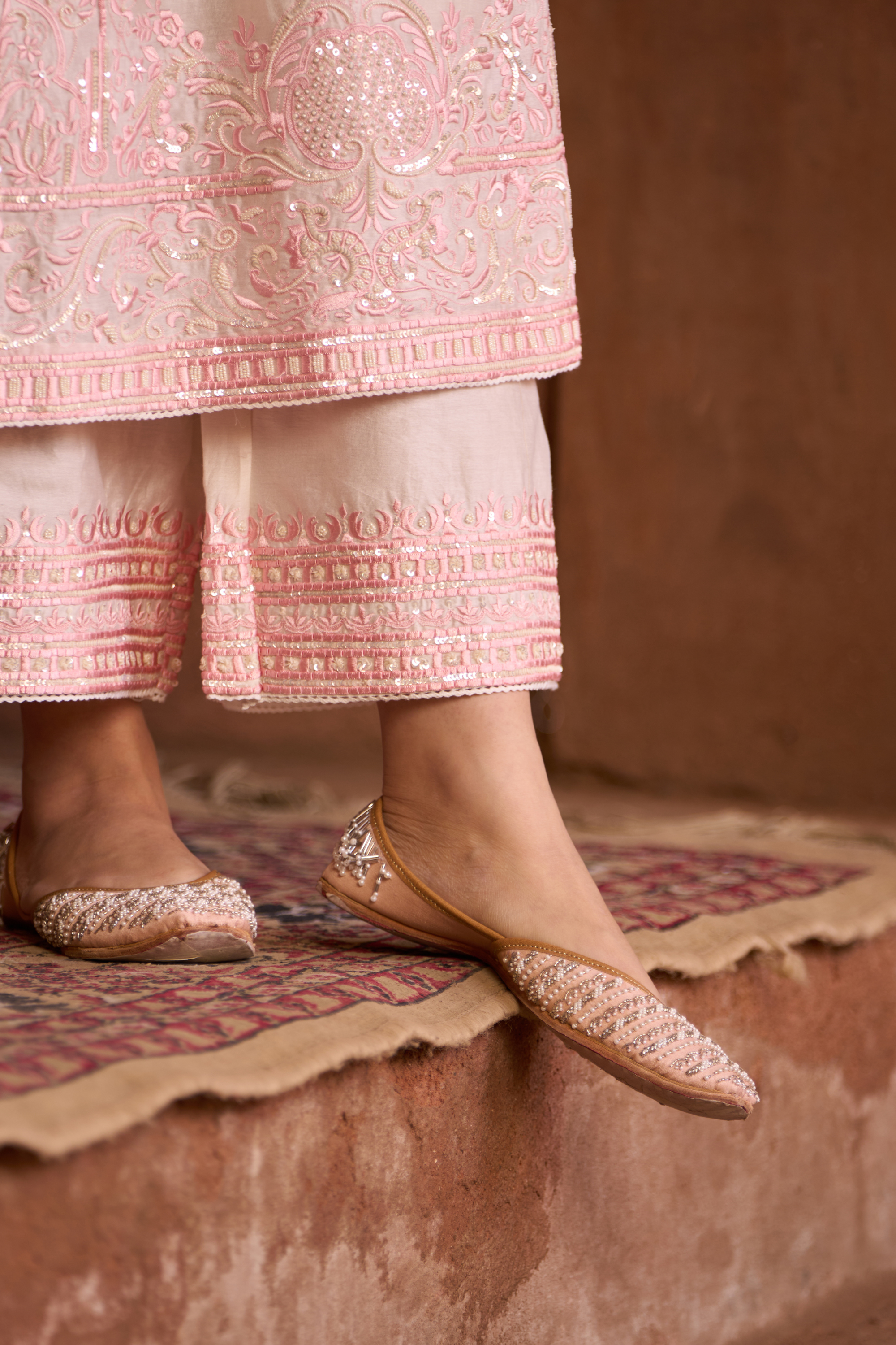 Ena - Ivory With Pink Long A-line Kurta Set