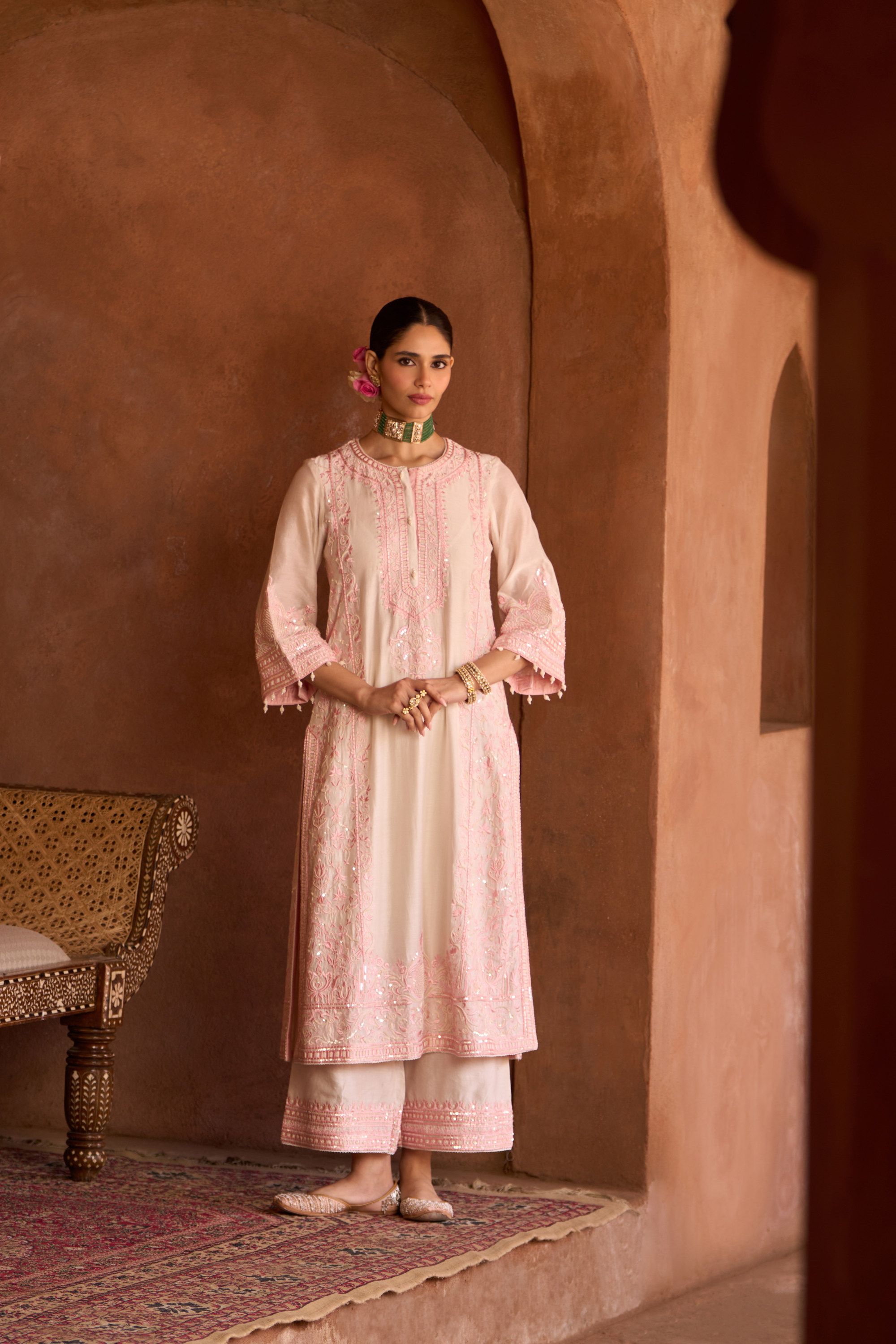 Ena - Ivory With Pink Long A-line Kurta Set