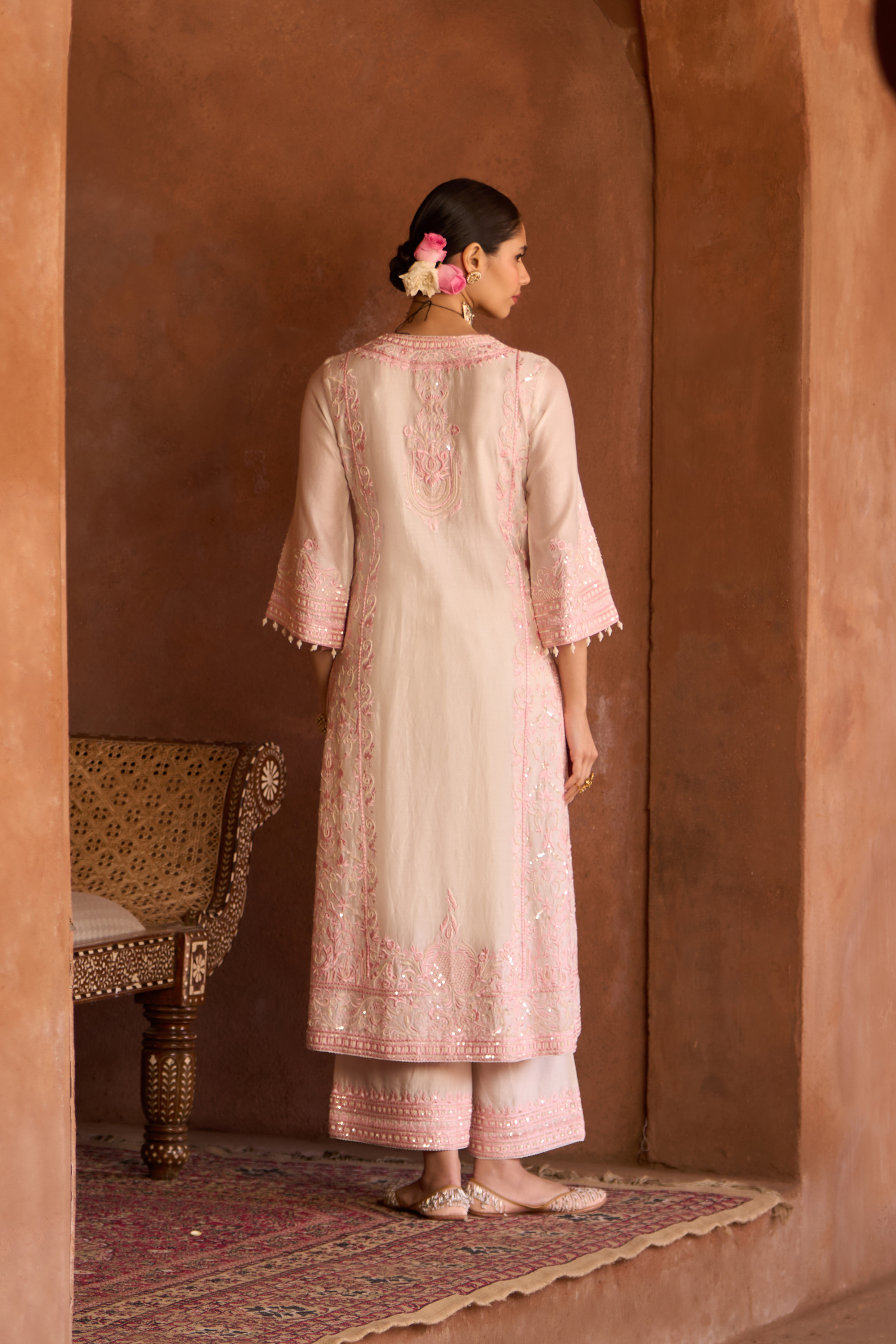 Ena - Ivory With Pink Long A-line Kurta Set