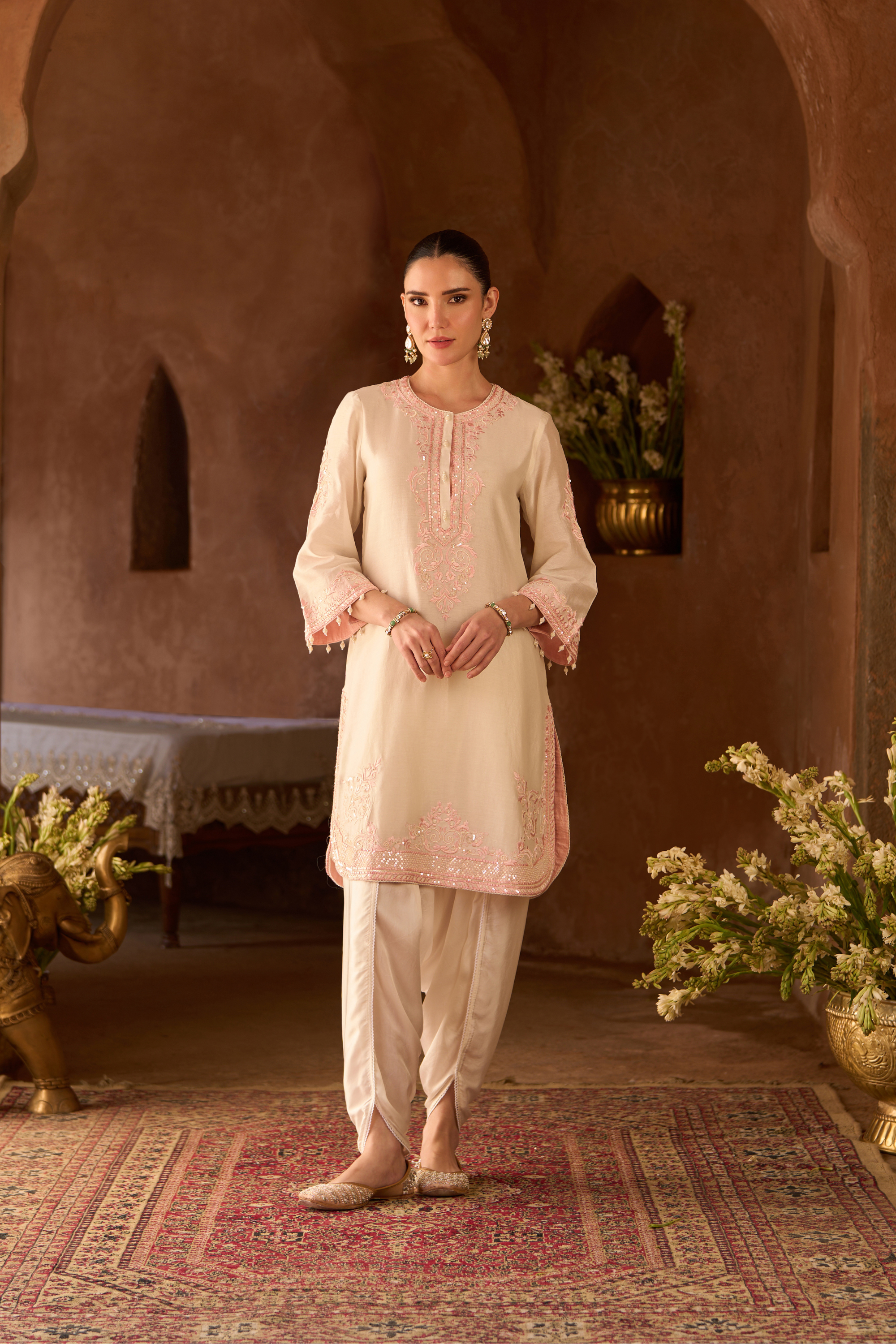 Nyra - Daisy Ivory With Pink Short Kurta Set