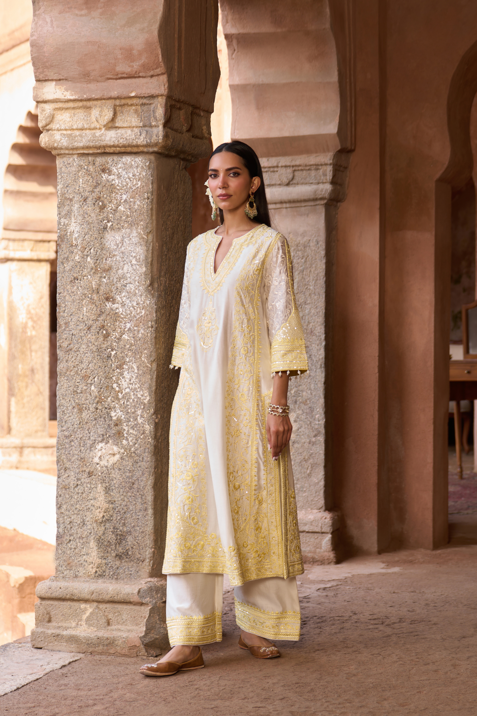Nurvi - Ivory With Yellow Long A-line Kurta Set