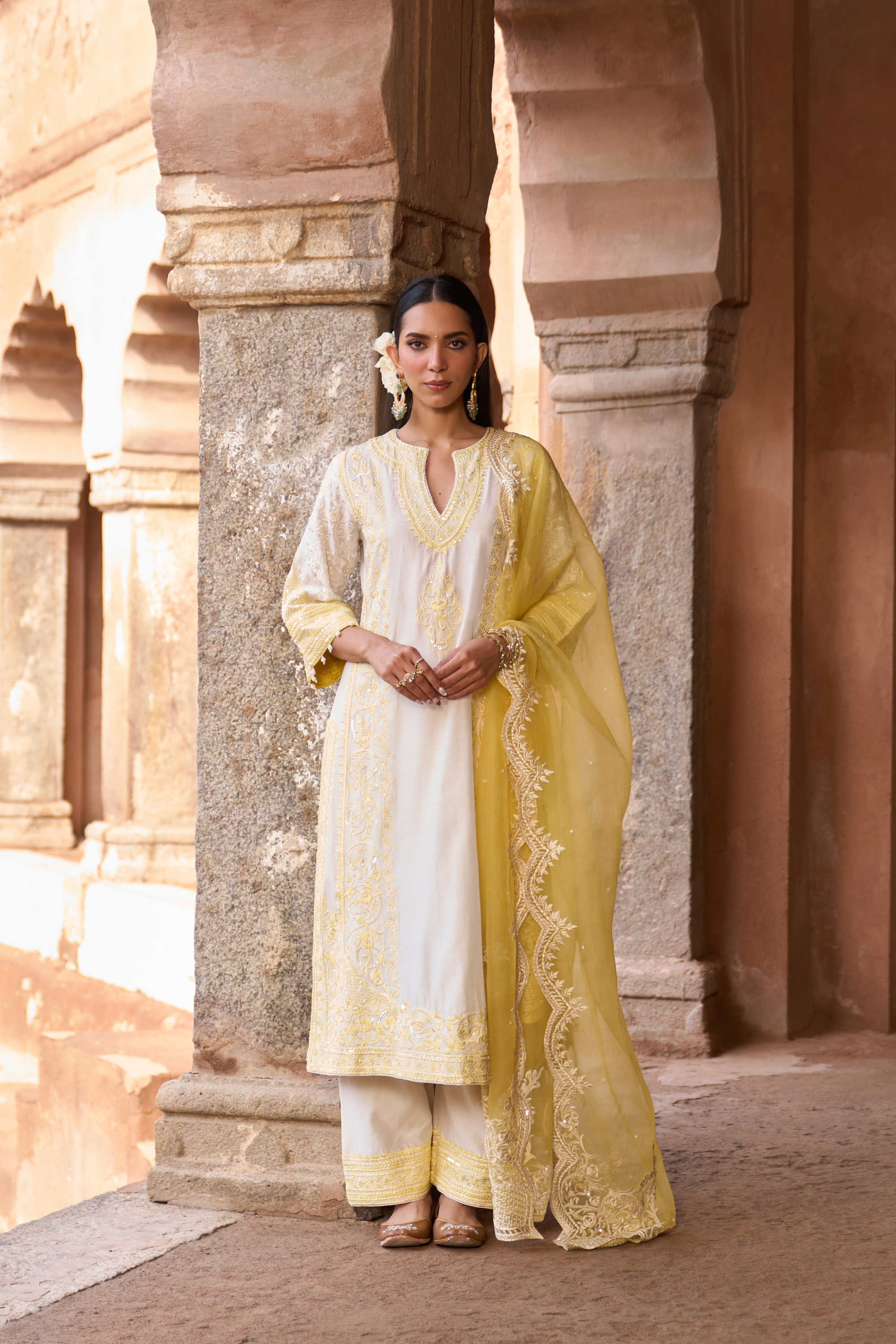 Nurvi - Ivory With Yellow Long A-line Kurta Set
