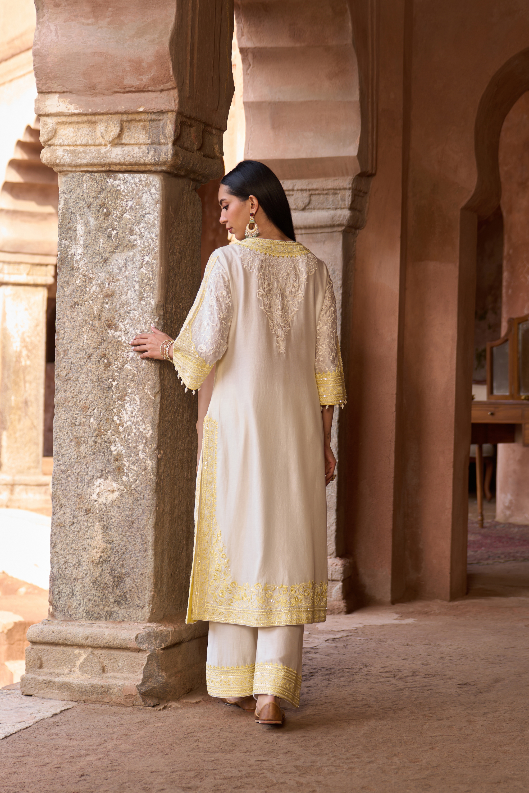 Nurvi - Ivory With Yellow Long A-line Kurta Set