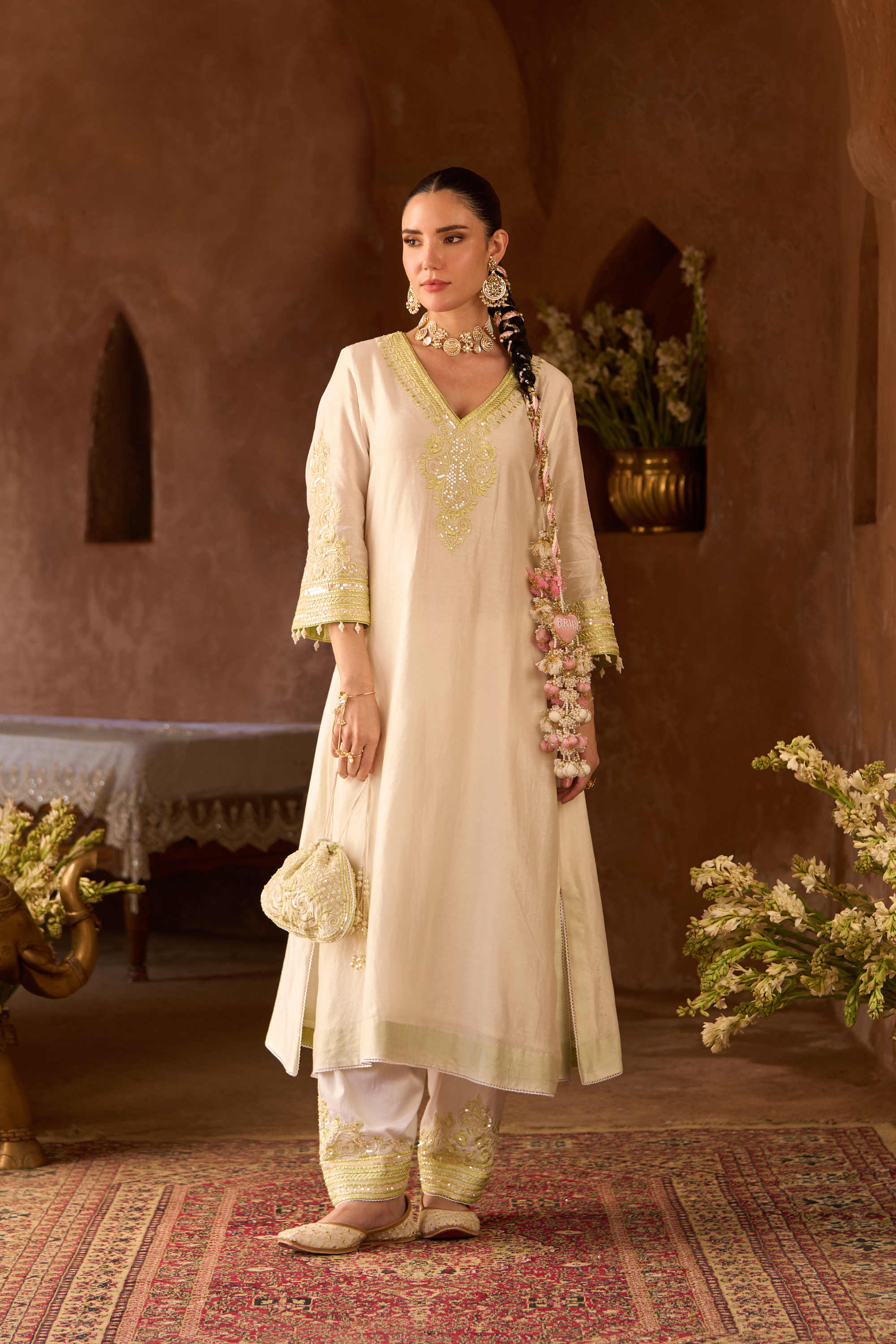 Sahabat - Daisy Ivory With Green Kaaftan Set
