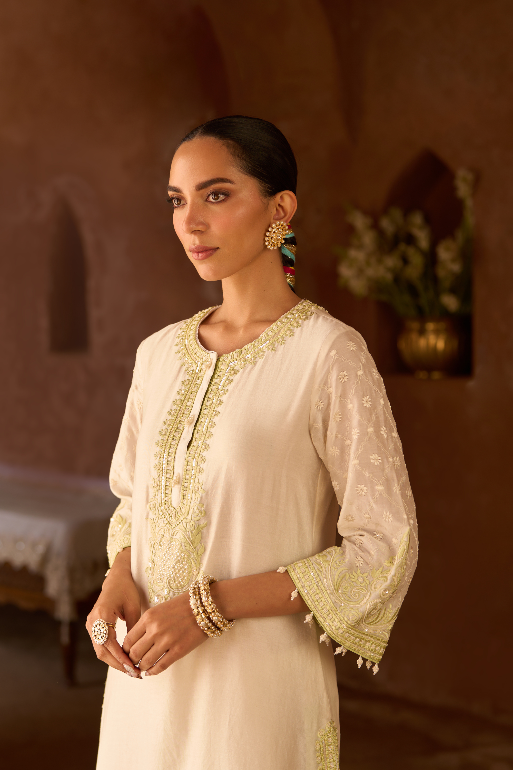Ruhi - Daisy Ivory With Green Short Kurta Set