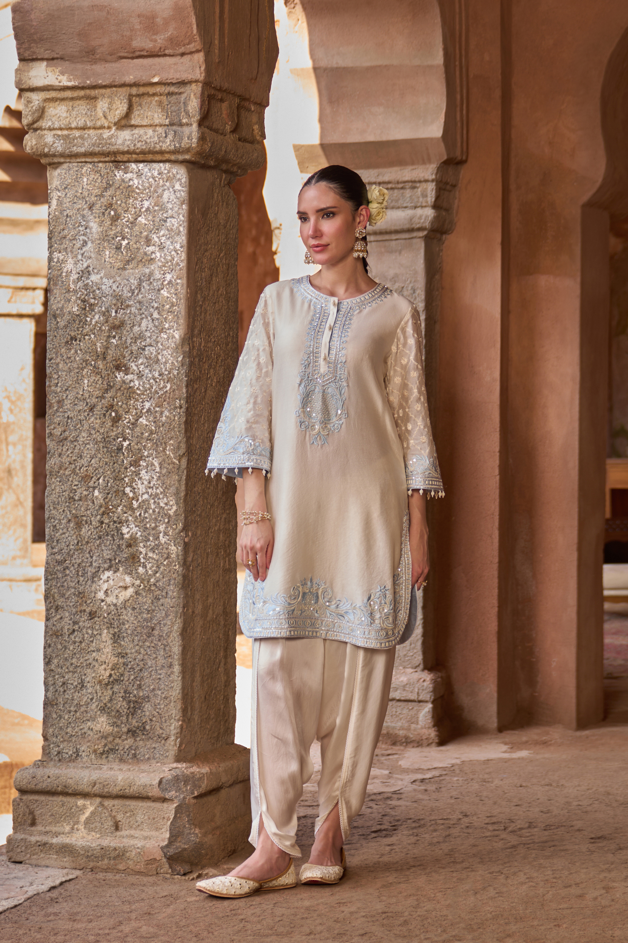 Ruhi - Daisy Ivory With Blue Short Kurta Set