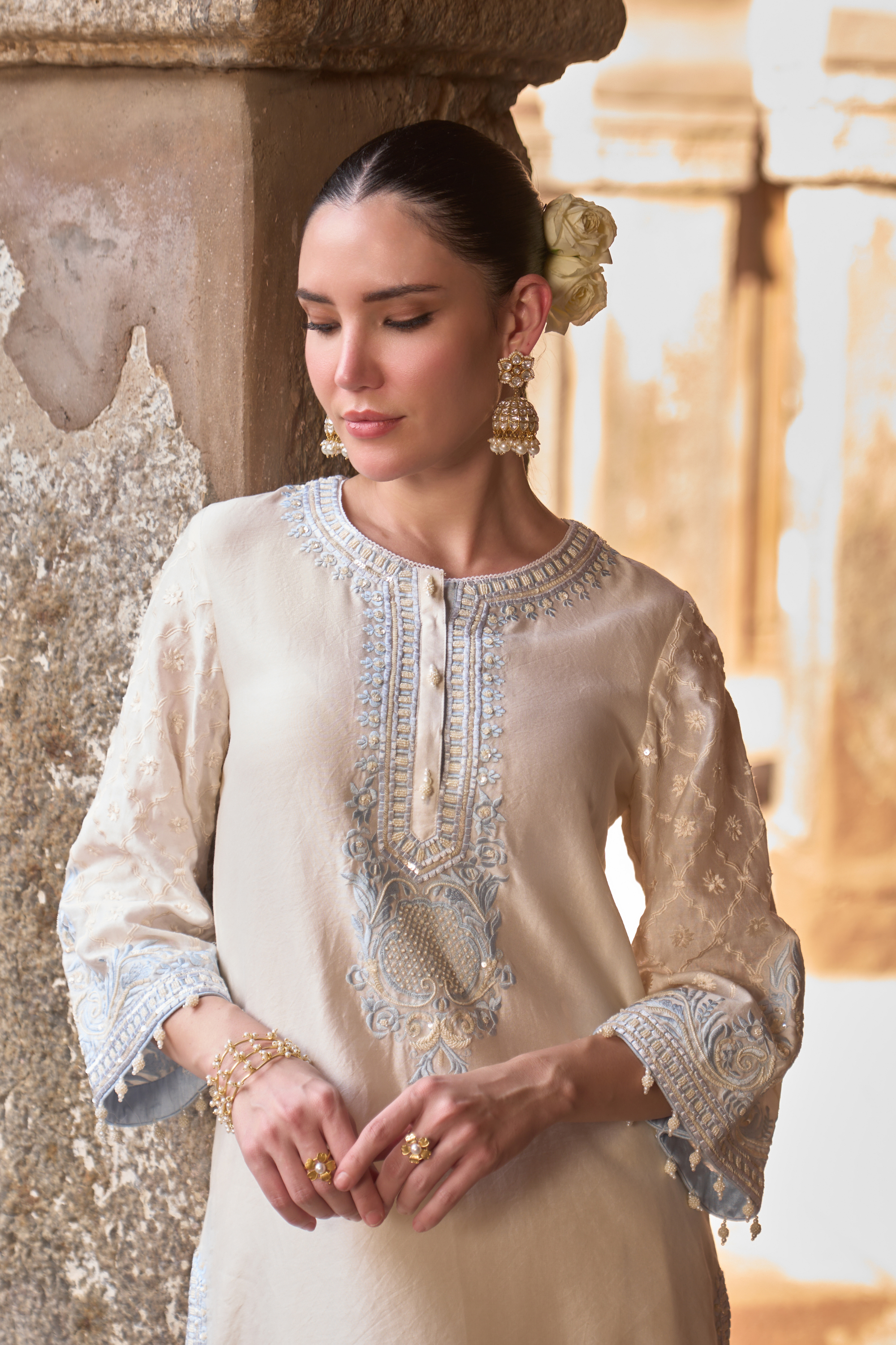 Ruhi - Daisy Ivory With Blue Short Kurta Set