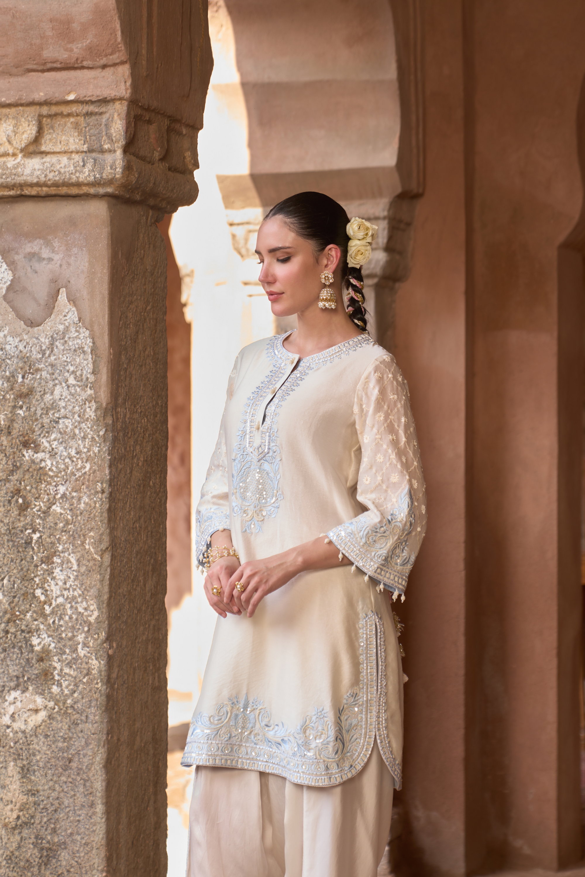 Ruhi - Daisy Ivory With Blue Short Kurta Set