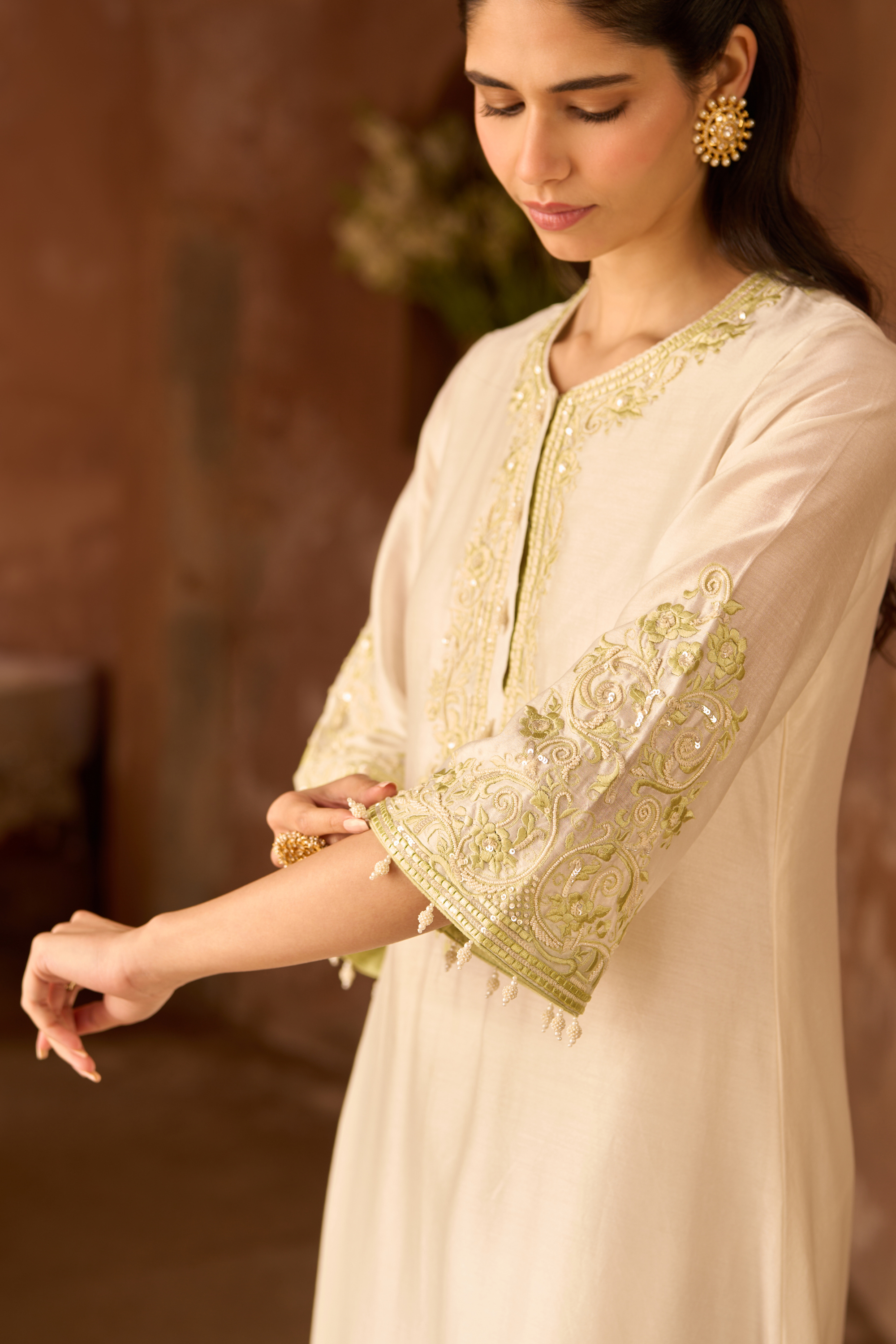 Hani - Daisy Ivory With Green A-line Kurta Set
