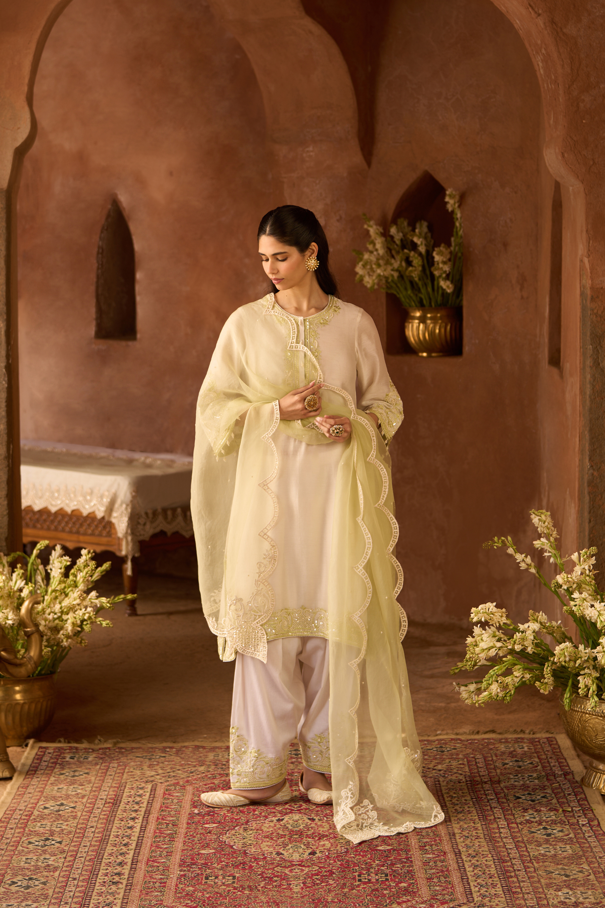 Hani - Daisy Ivory With Green A-line Kurta Set