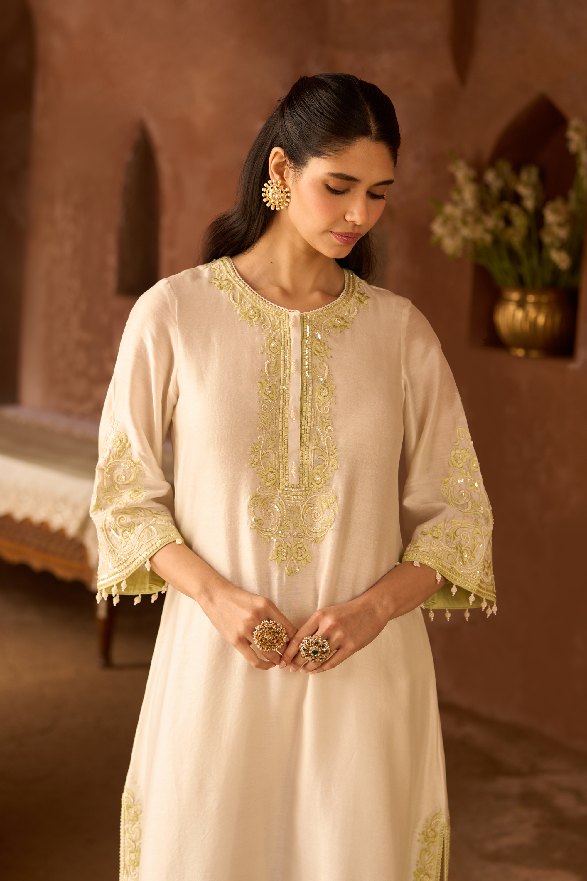 Hani - Daisy Ivory With Green A-line Kurta Set