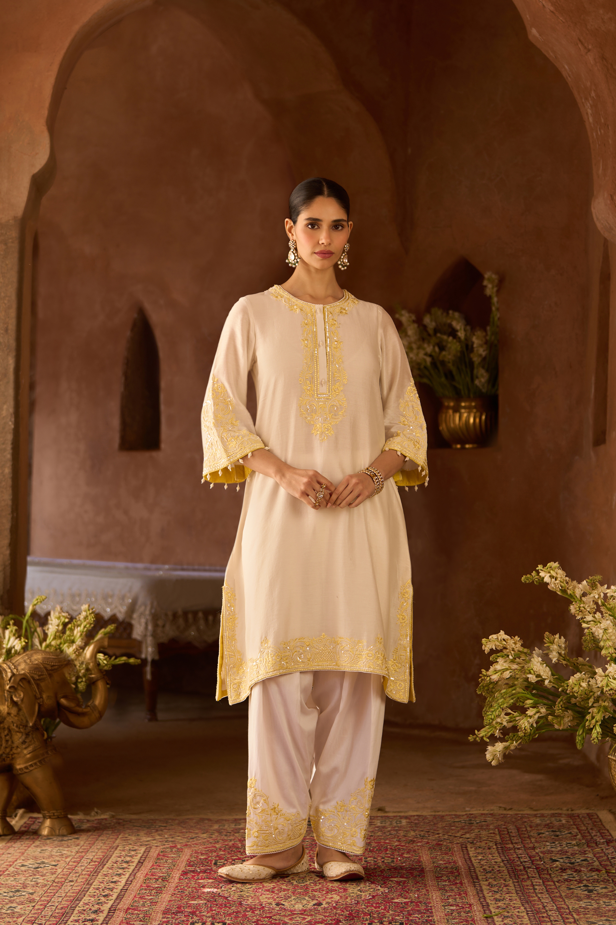 Hani - Daisy Ivory With Yellow A-line Kurta Set
