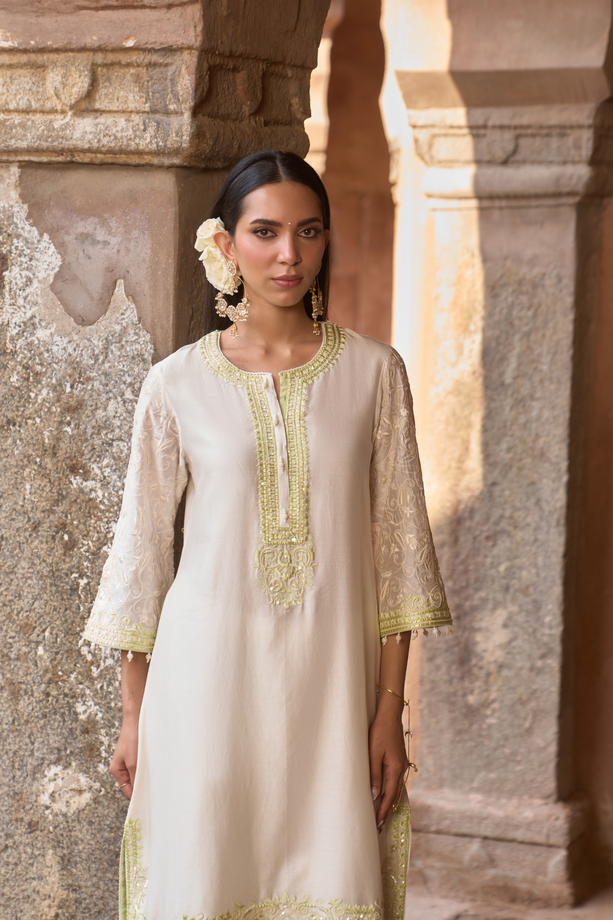 Anam - Daisy Ivory With Green A-line Kurta Set