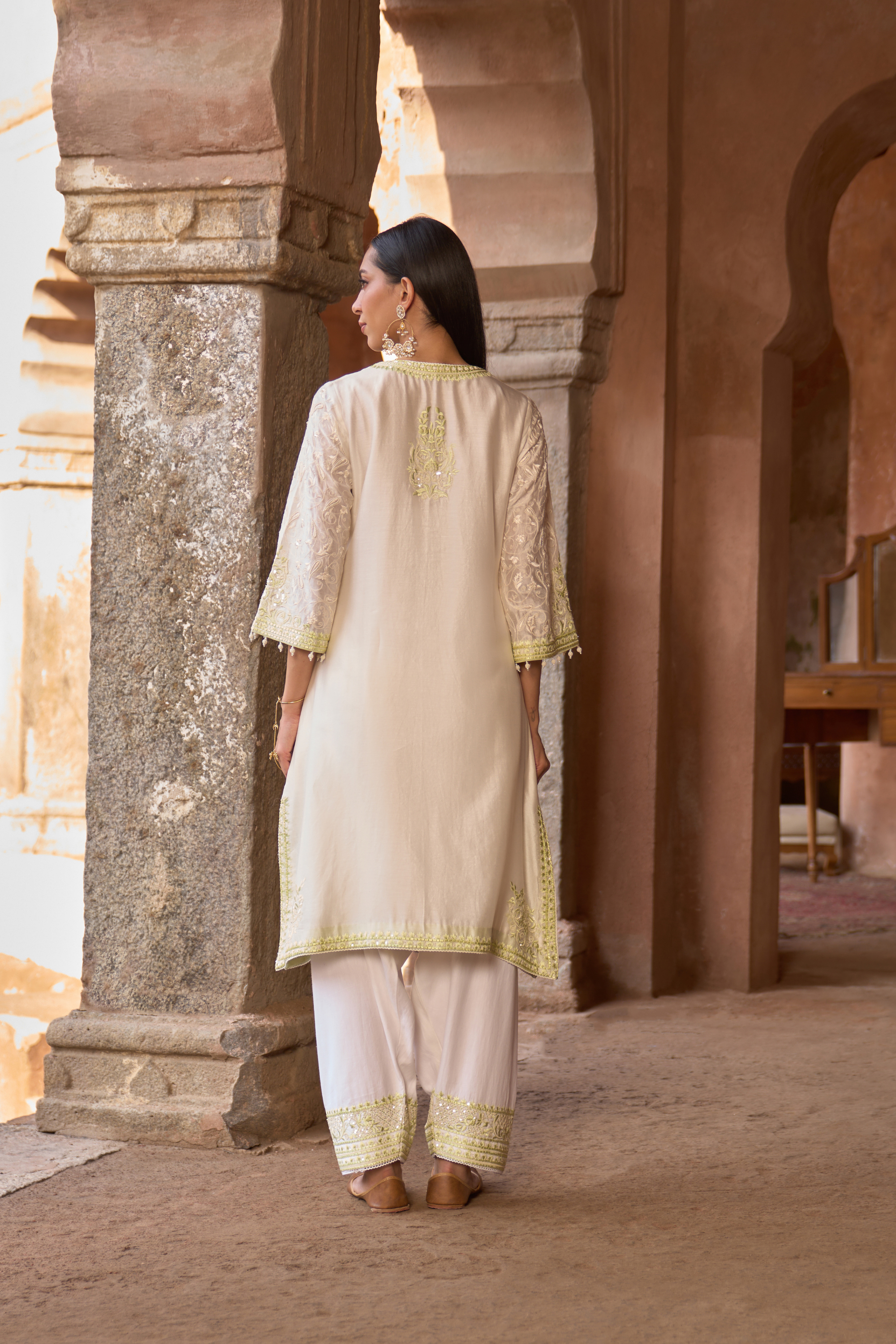 Anam - Daisy Ivory With Green A-line Kurta Set
