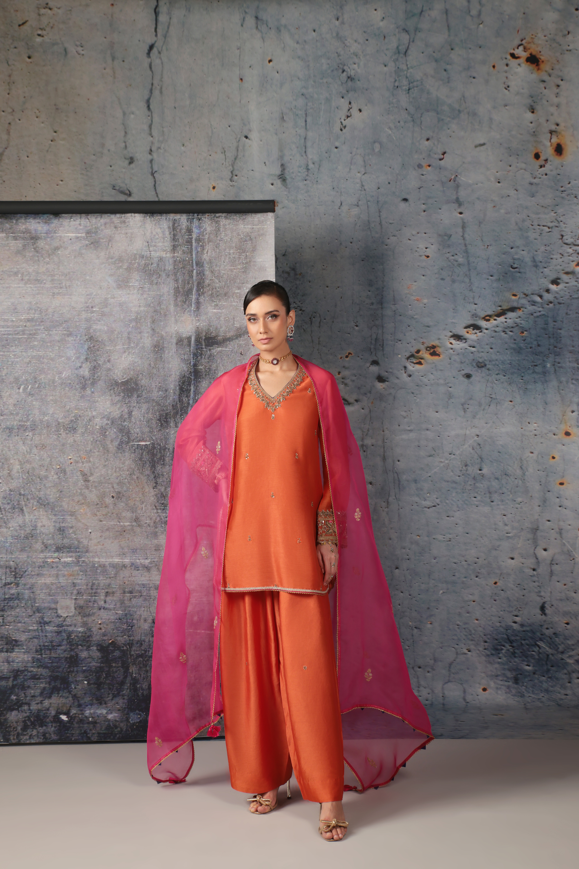 Mehrang Orange V Neck Short Kurta Set