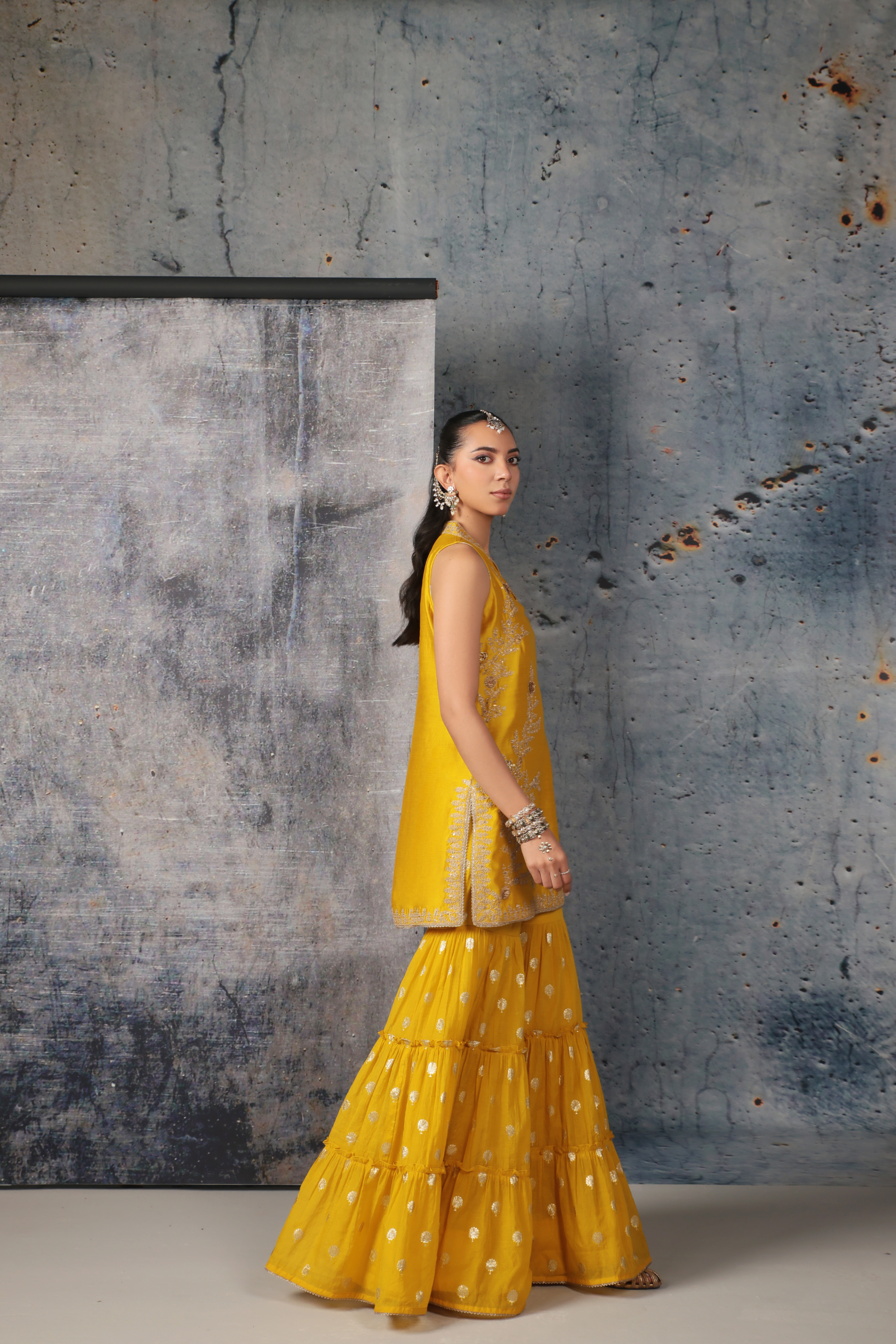Mehrang Yellow Sleeveless Sharara Set