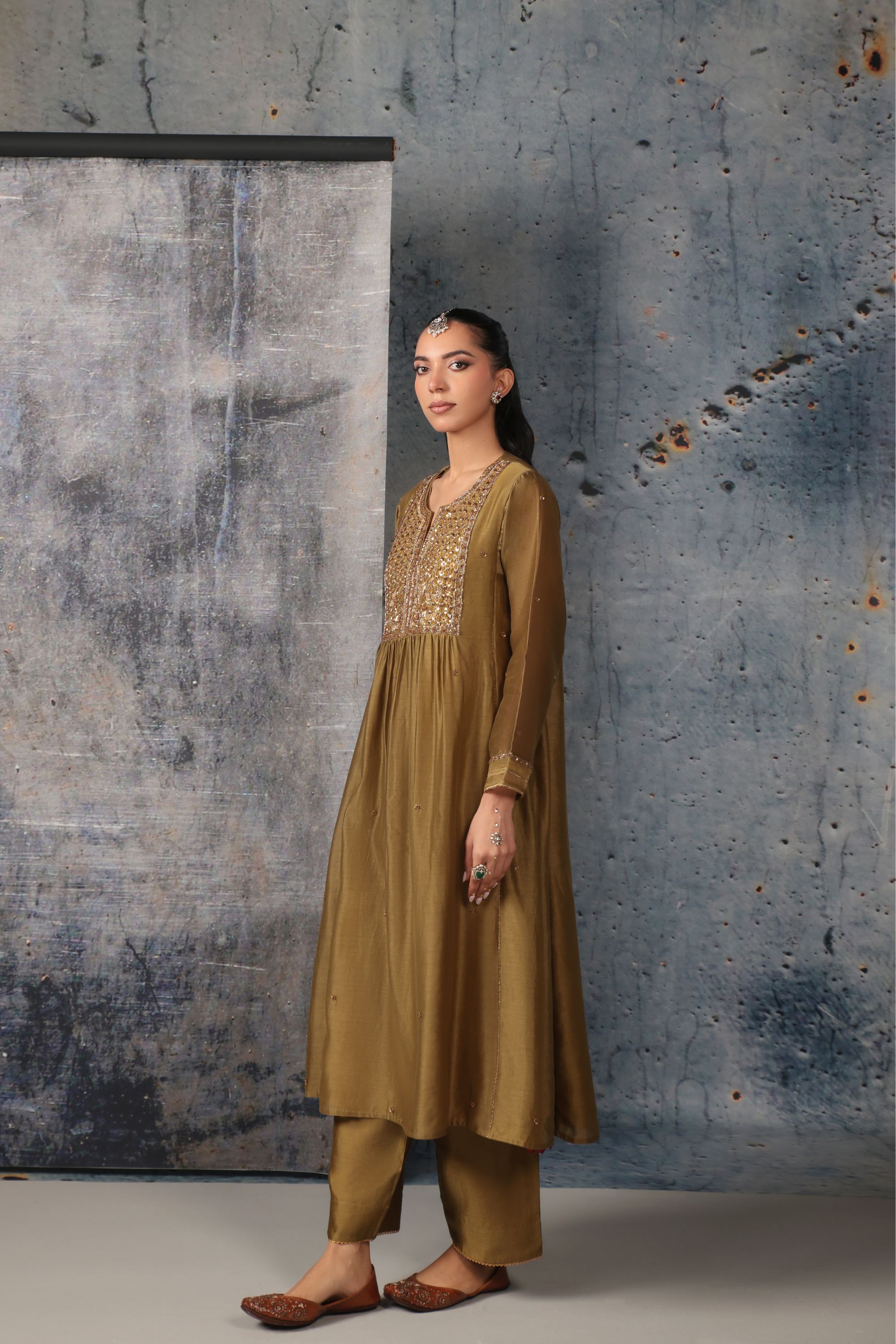 Mehrang Olive Green Frockstyle Kurta Set