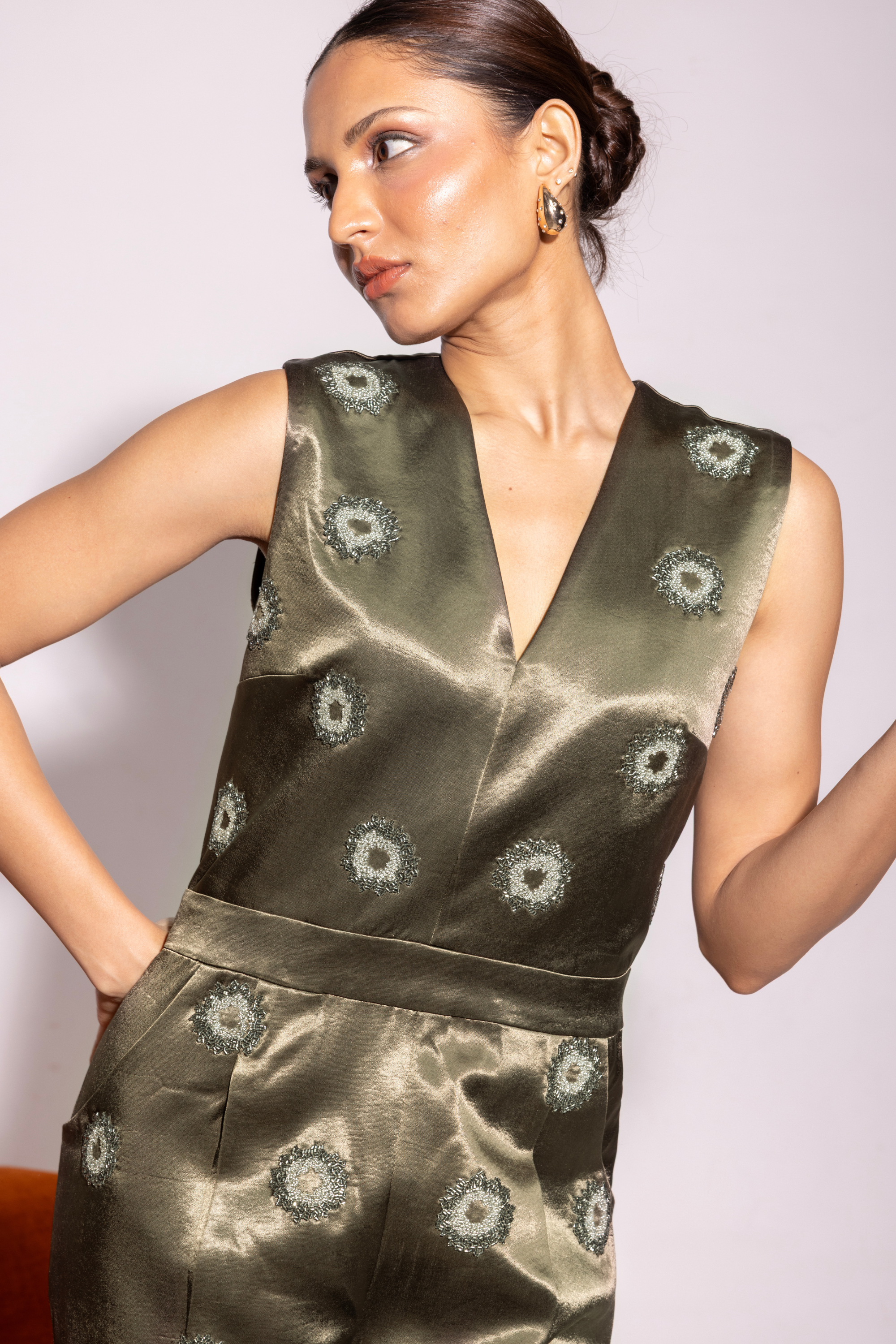 Satin Embroidered Sleeveless Jumpsuit