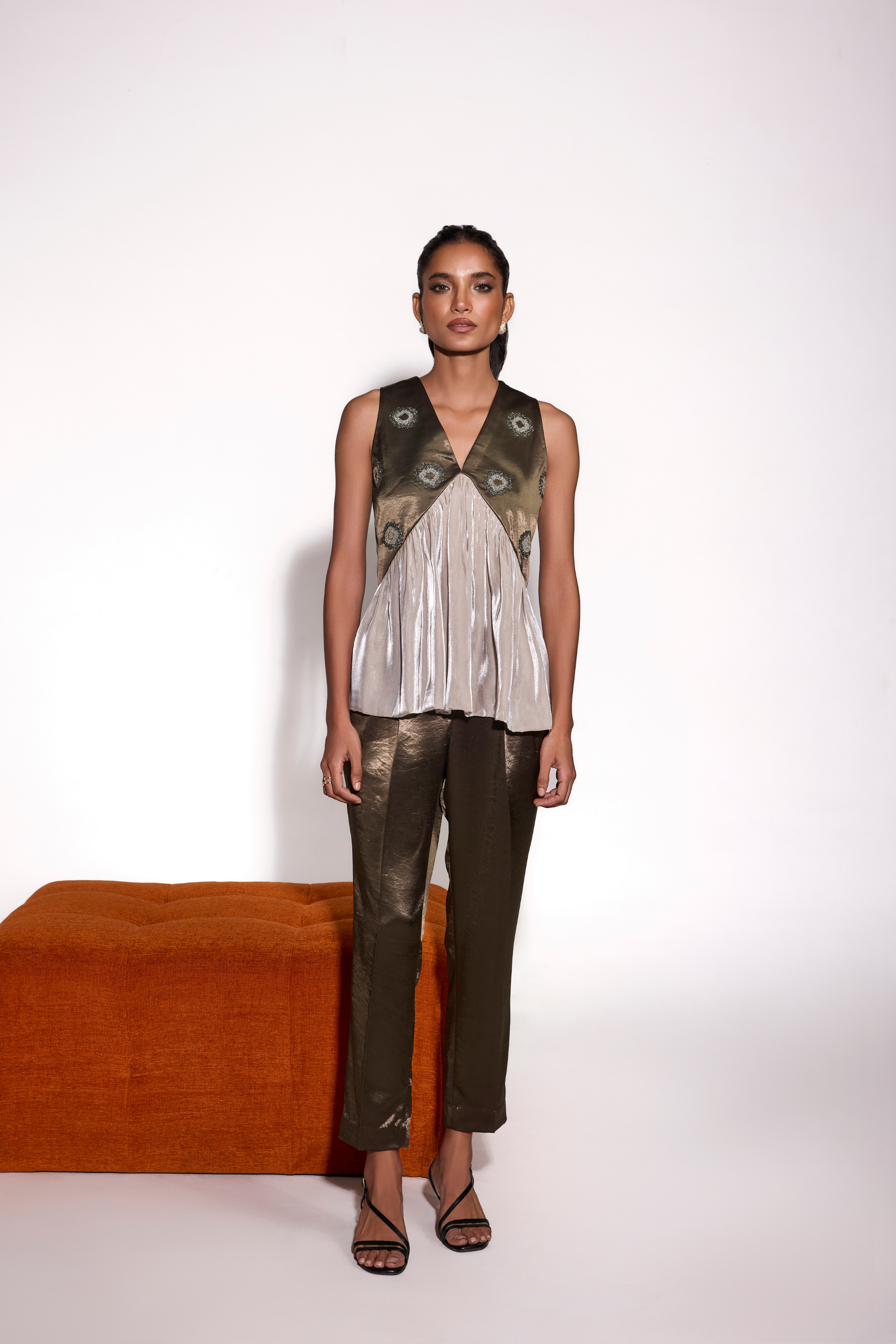 Satin And Glass Organza Embroidered Top