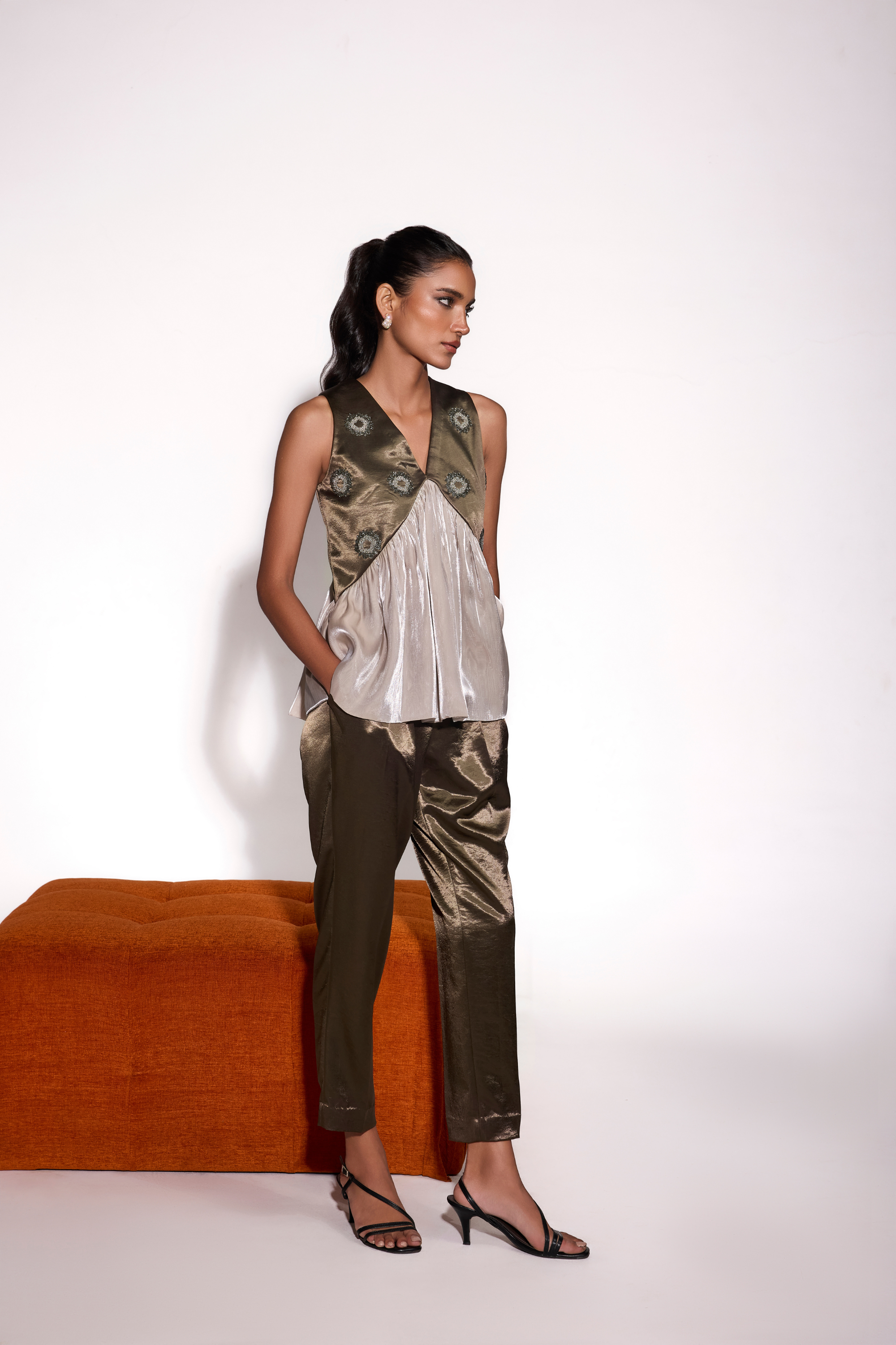 Satin And Glass Organza Embroidered Top