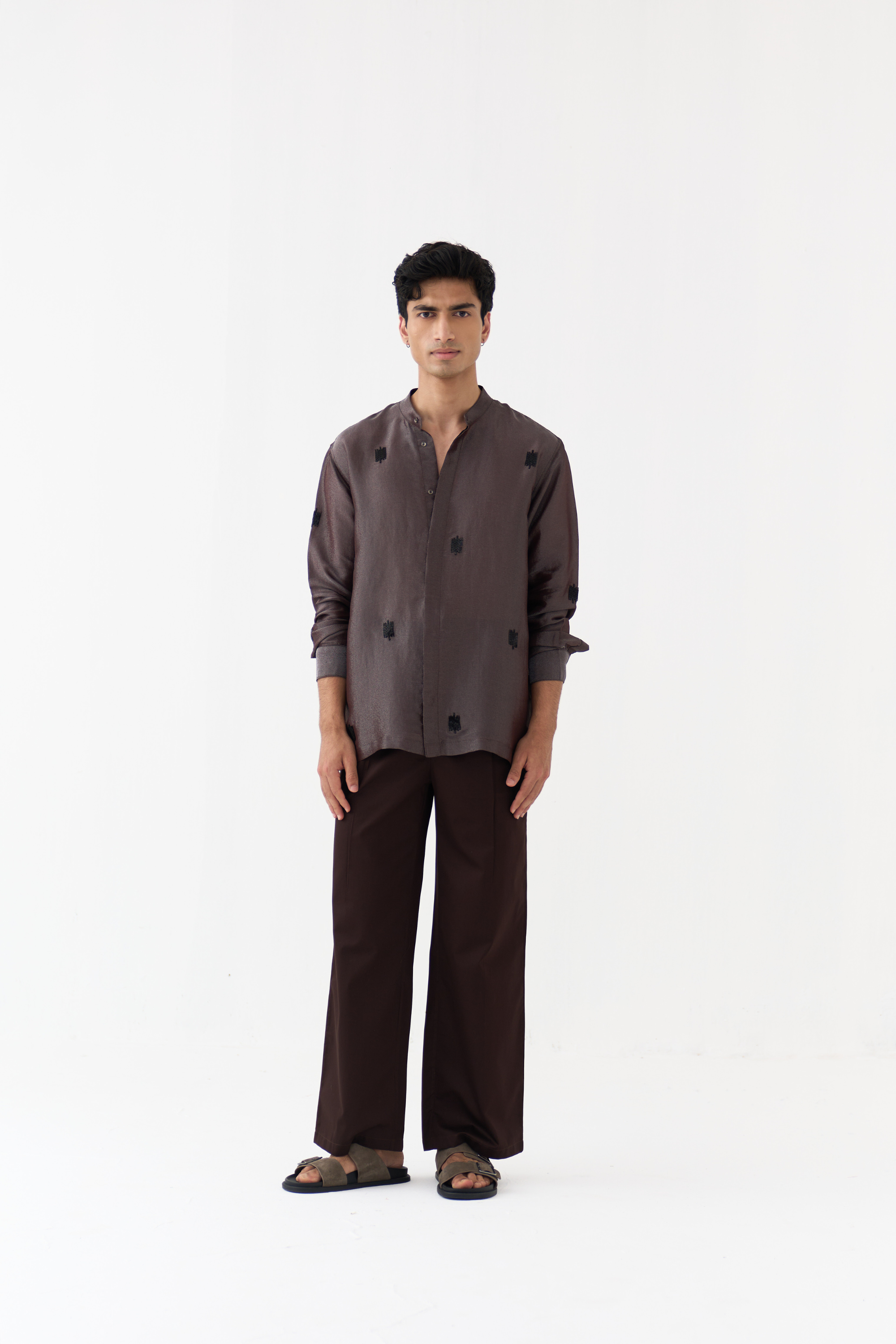 Hand Emb. Detail Band Collar Shirt Co-ord