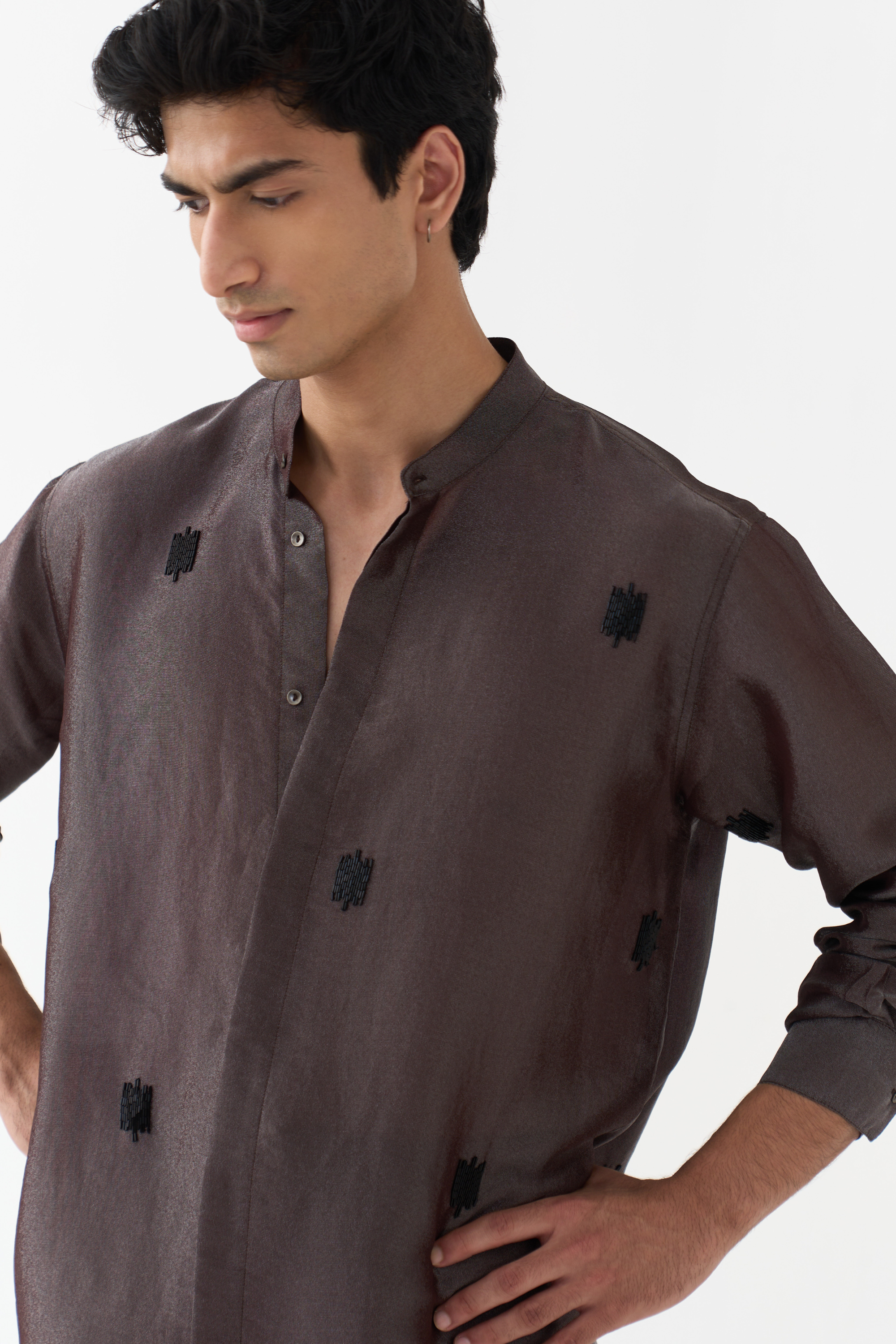 Hand Emb. Detail Band Collar Shirt Co-ord