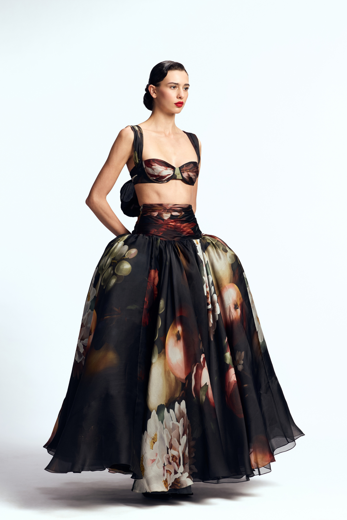 Draped Bustier Paired With Dropped Waisted Skirt