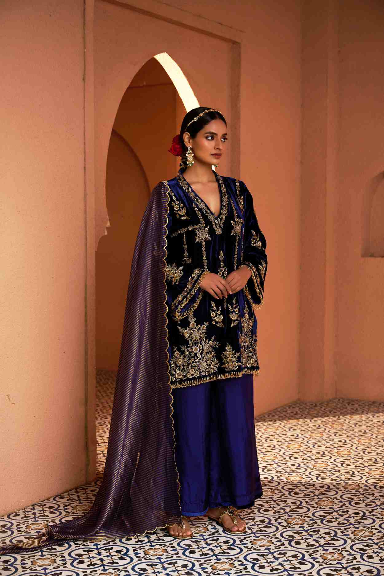 Silk Straught Pants With Short Shirt And Dupatta